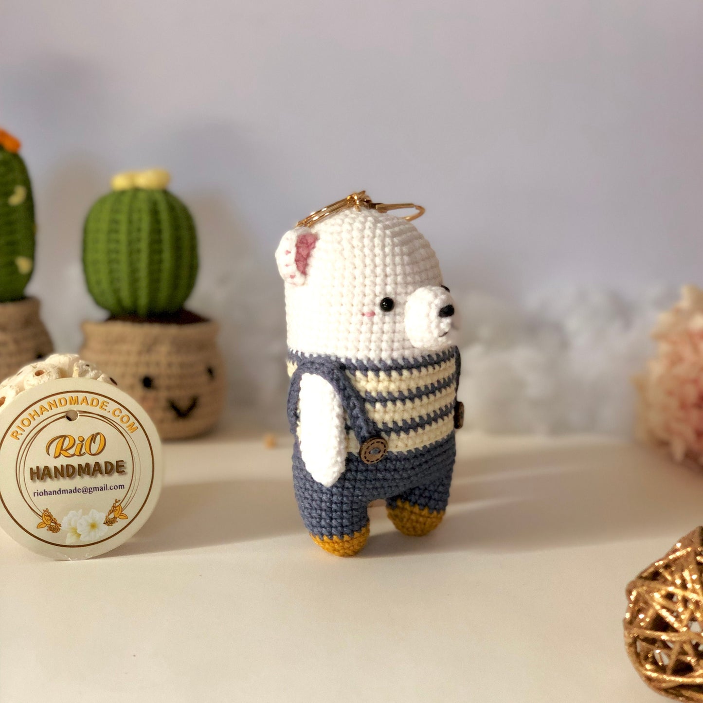 Handmade bear crochet keychain, pom bag charm, car rear view hanging mirrior, amigurumi, cute gift.