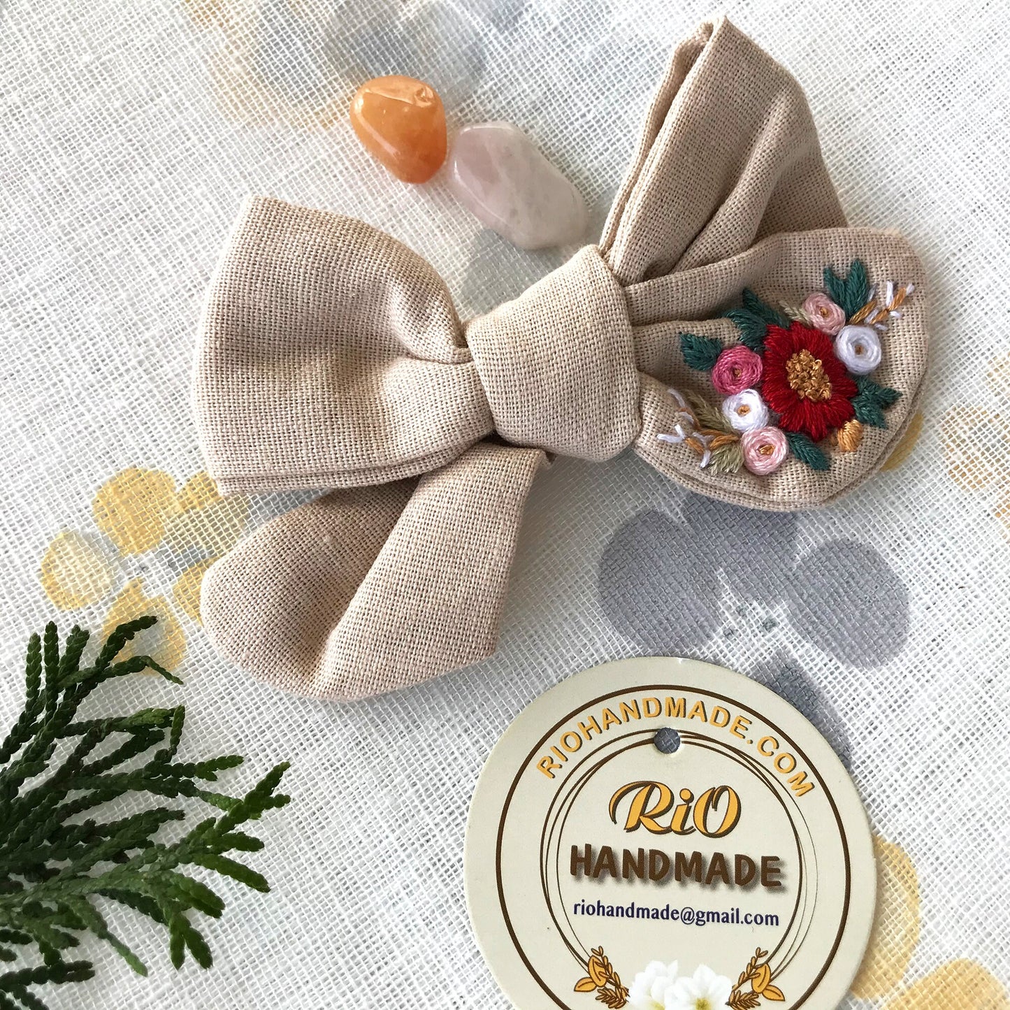 Handmade Linen Embroidery Bow, Baby Girl Headband, Soft Newborn Headband