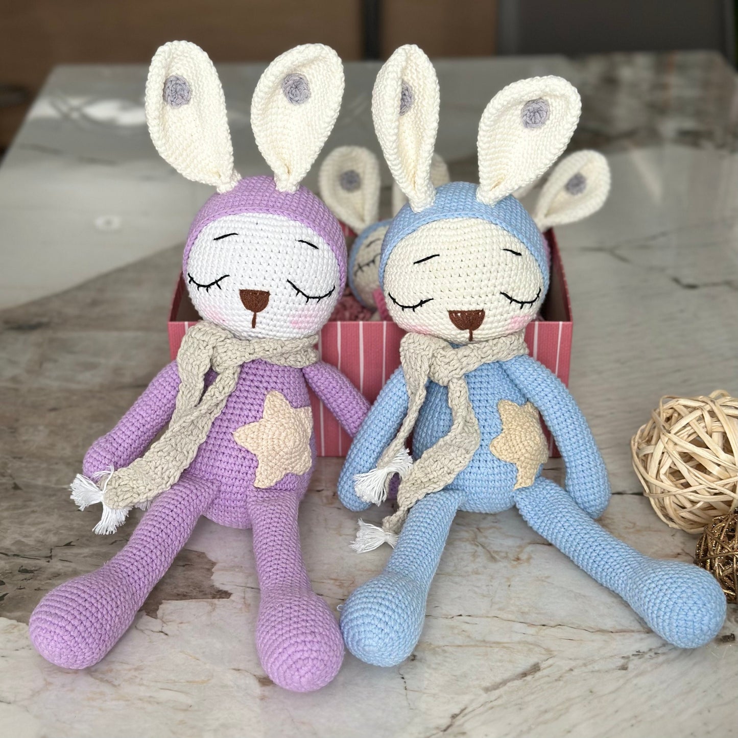 Baby Shower Gift Set For Newborns, Crochet Bunny Doll & Wooden Ring (NO SOUND) Set, Amigurumi Toy, Sleeping Rabbit, Matching Gifts