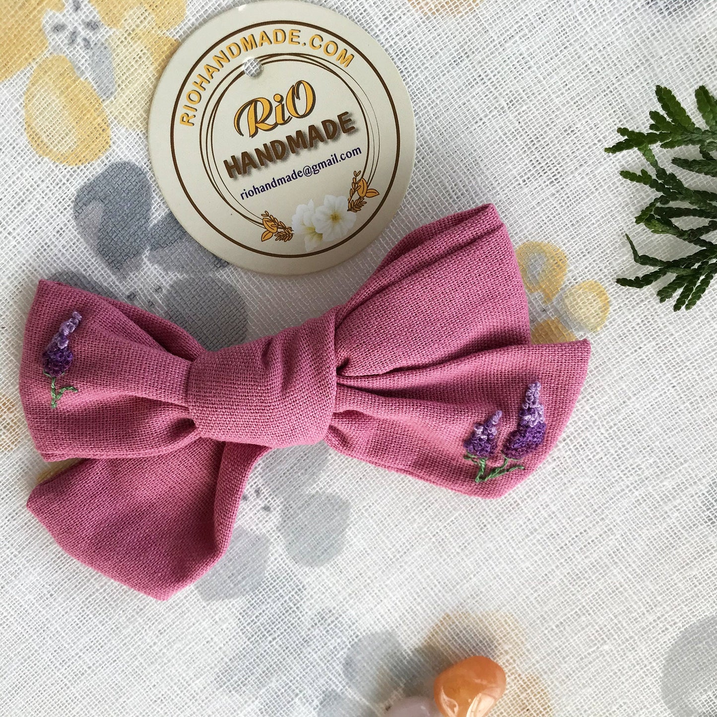 Handmade Linen Embroidery Clip Bow, Headband Bow