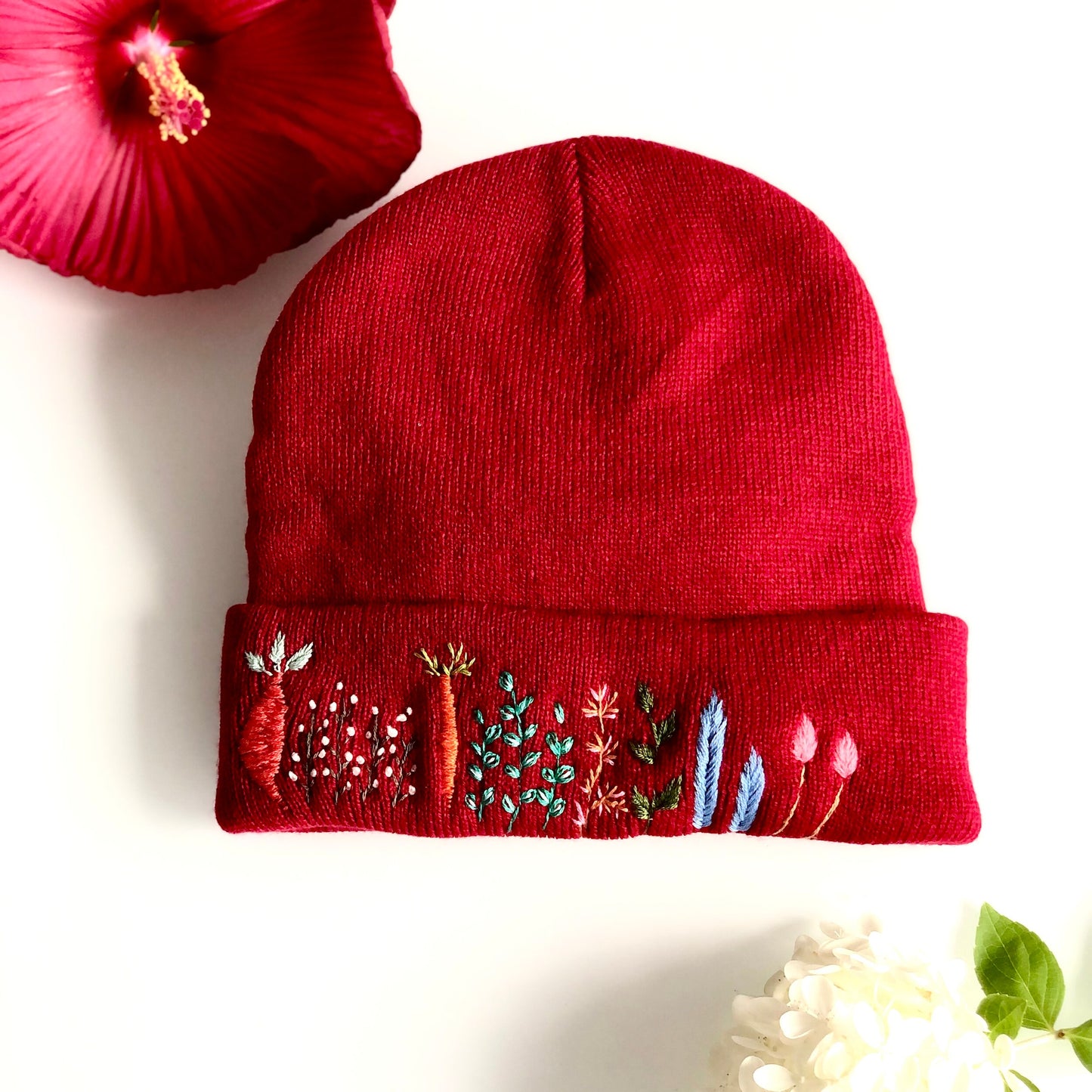 Hand embroidered Beanie, Winter Hat, Plant Hat, Handmade Hat