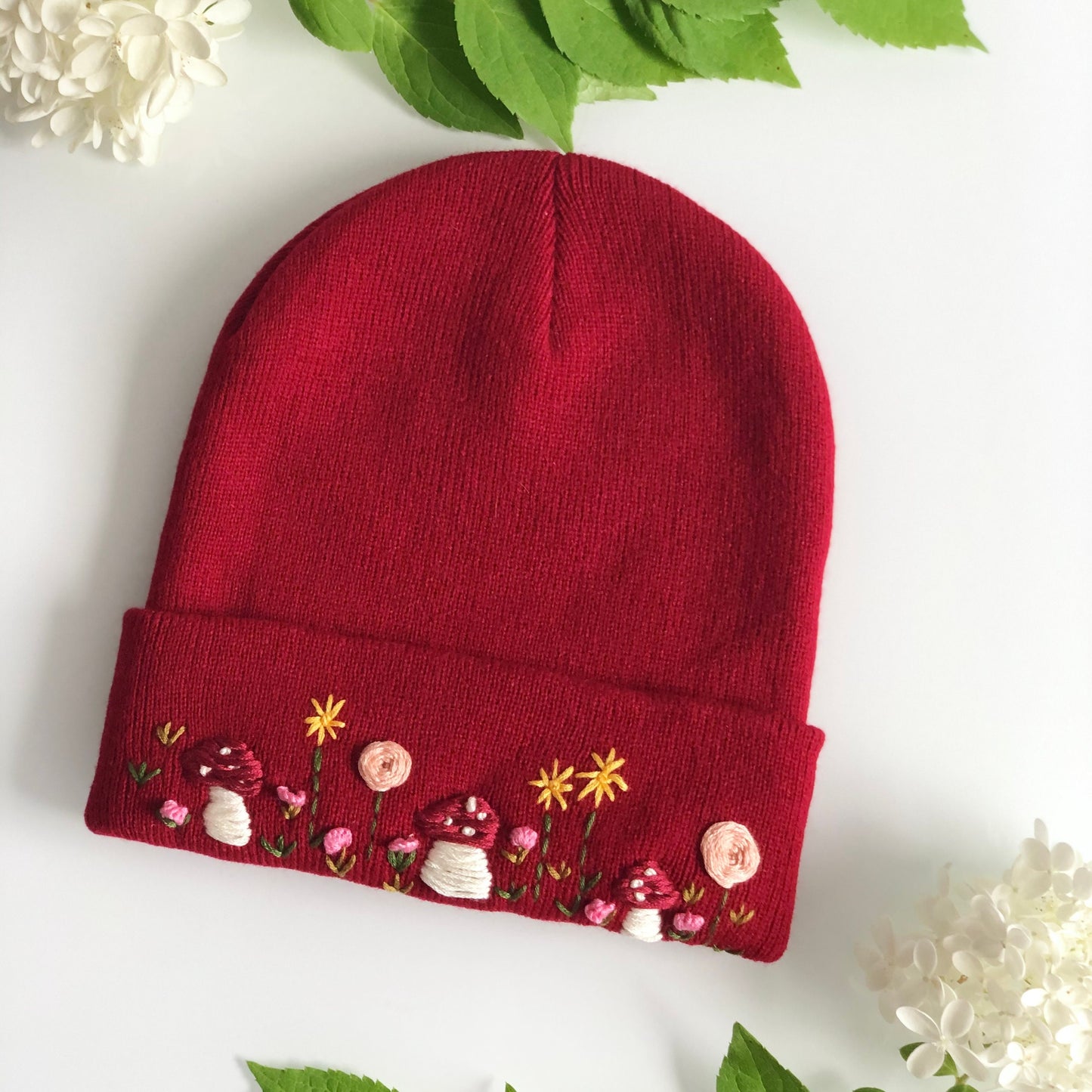 Hand embroidered Beanie, Winter Hat, Plant Hat, Handmade Hat, Mushroom Embroidery