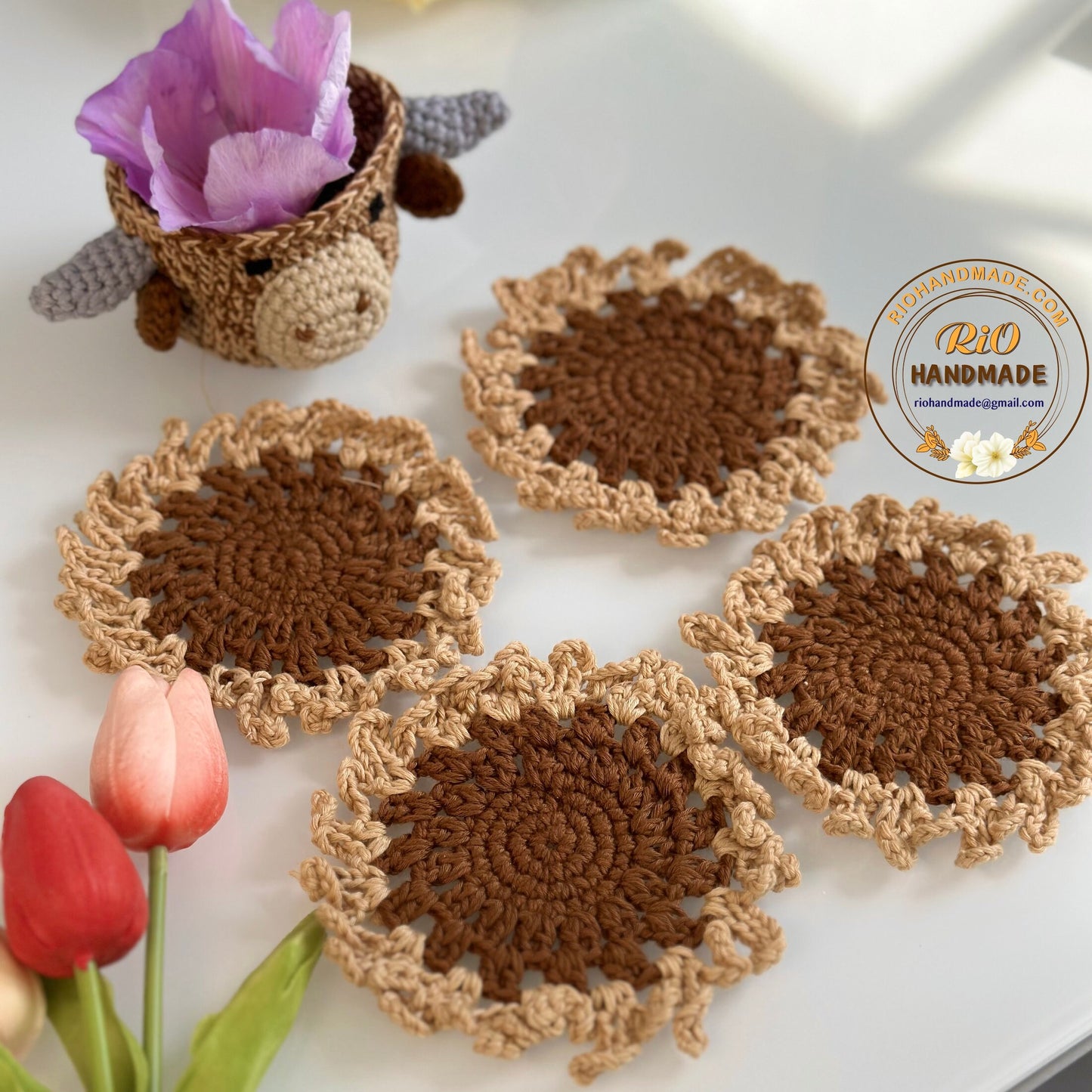 Ready To Ship, Rio Handmade Crochet Highland Cow Coaster, Set of 4 Coaster and Head, Mug Rug, Housewarming Gift, Home Decor, Birthday Gift