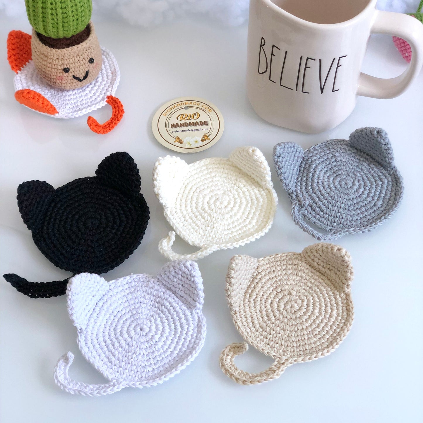Handmade Cat Coaster Crochet, Amigurumi Coaster, Cat Coaster, Mug Rug, Kitten Bottom, Housewarming Gift, Home Decor