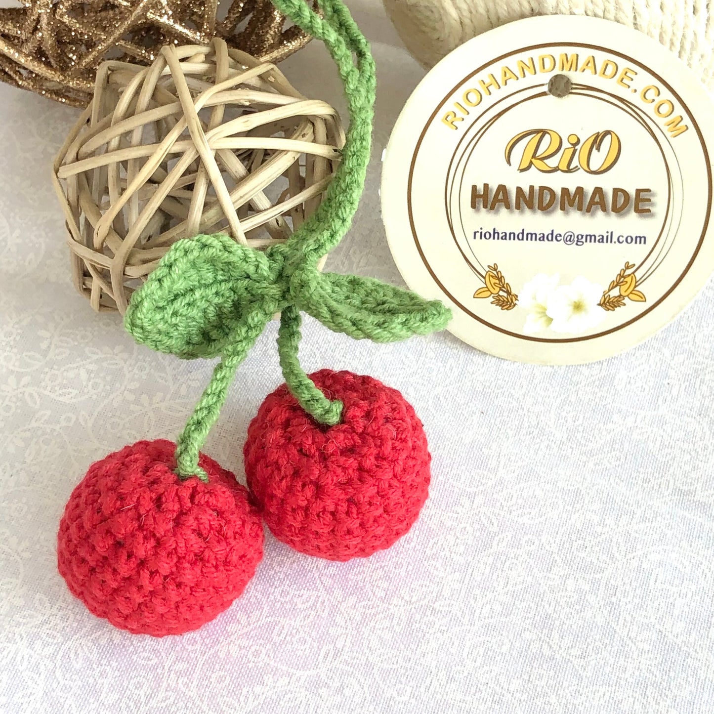 Handmade car rearview mirror charm, crochet cherries, amigurumi cherry, plushie toy, gift, car hanging accessory