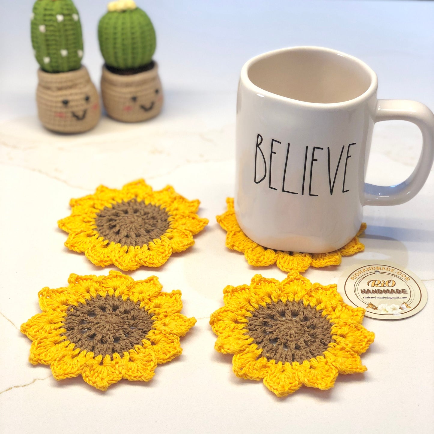 Handmade Crochet Amigurumi Coaster, Sunflower Coaster, Set of 4 Coasters, Housewarming Gift, Home Decor, Crochet