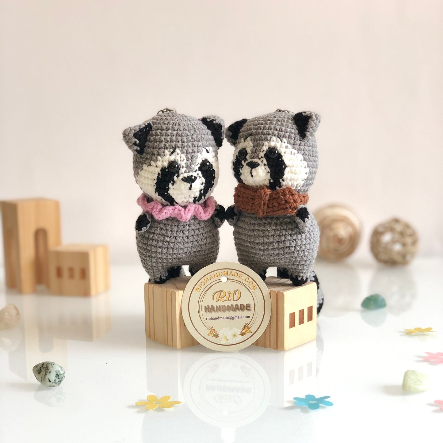 Handmade raccoon crochet, amigurumi stuffed, soft toy for baby, kid, gift, car hanging accessory
