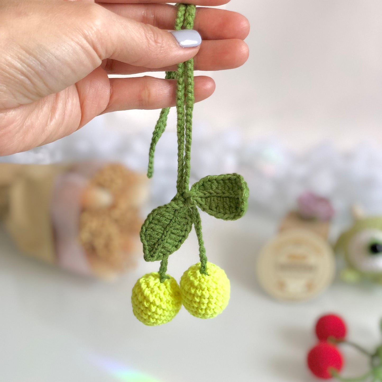 Handmade car rearview mirror charm, crochet cherries, amigurumi cherry, plushie toy, gift, car hanging accessory