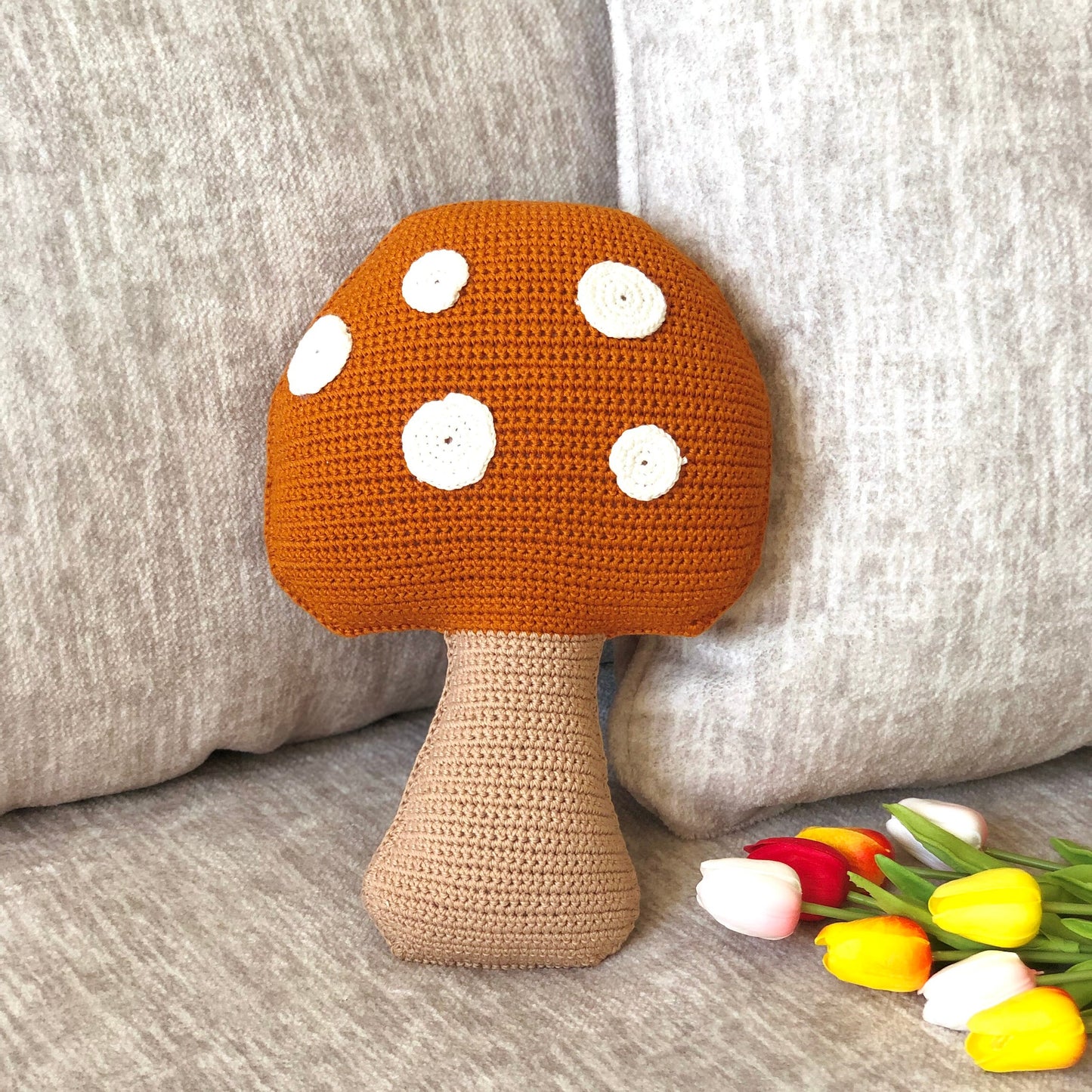 Handmade cotton yarn mushroom pillow crochet, home decor, amigurumi, decorative mushroom throw pillow
