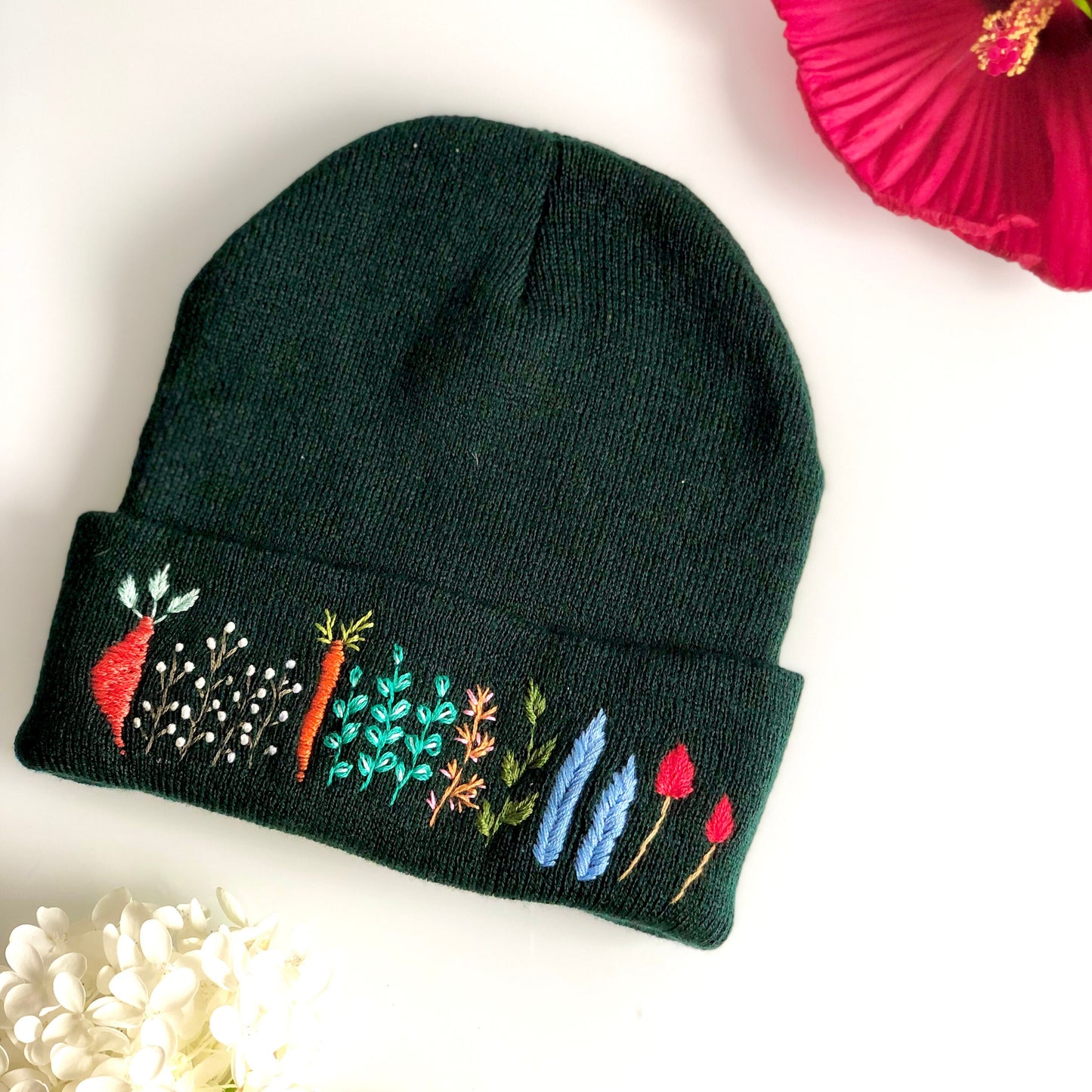 Hand embroidered Beanie, Winter Hat, Plant Hat, Handmade Hat