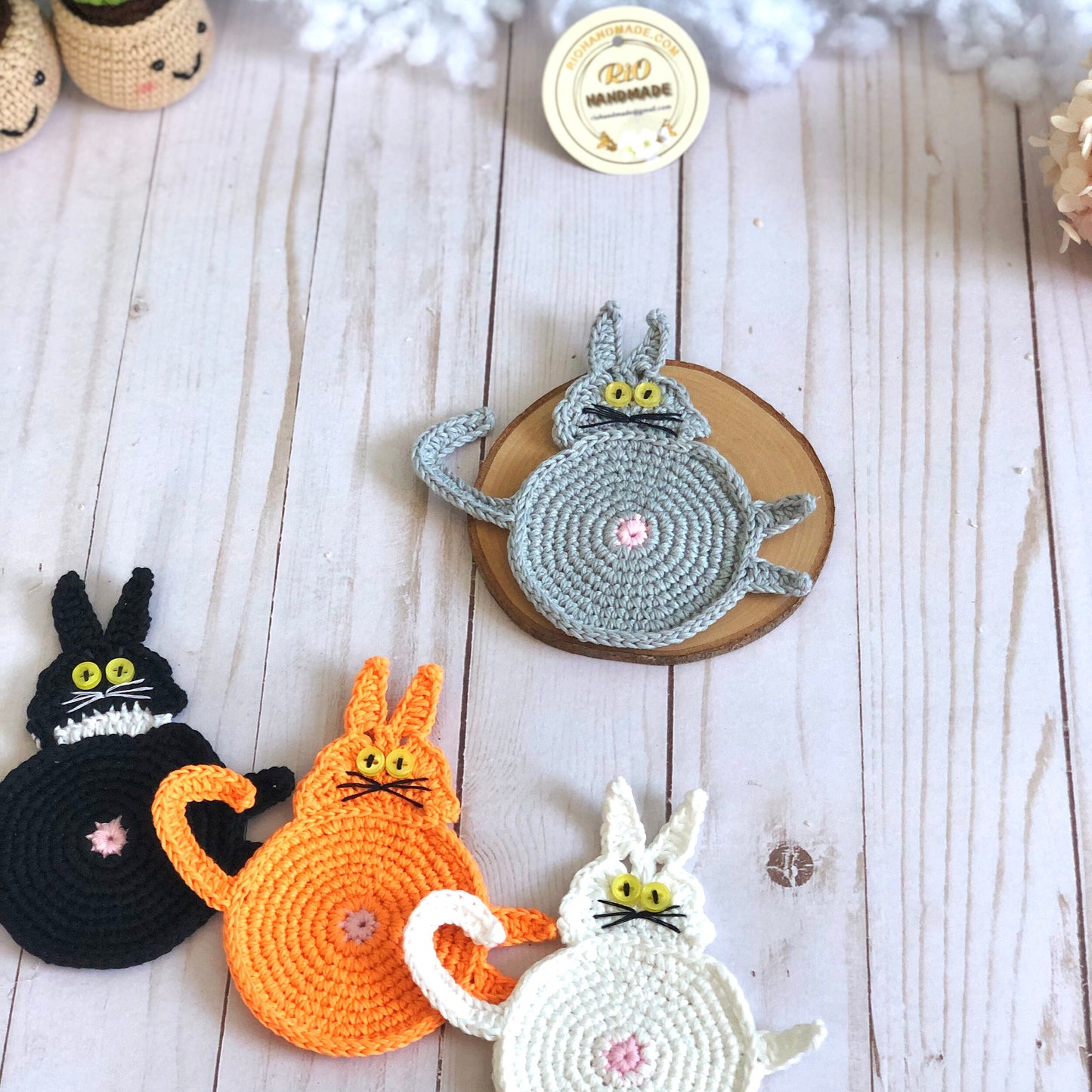 Handmade Crochet Amigurumi Coaster, Cat Coaster, Mug Rug, Kitten Bottom, Housewarming Gift, Home Decor