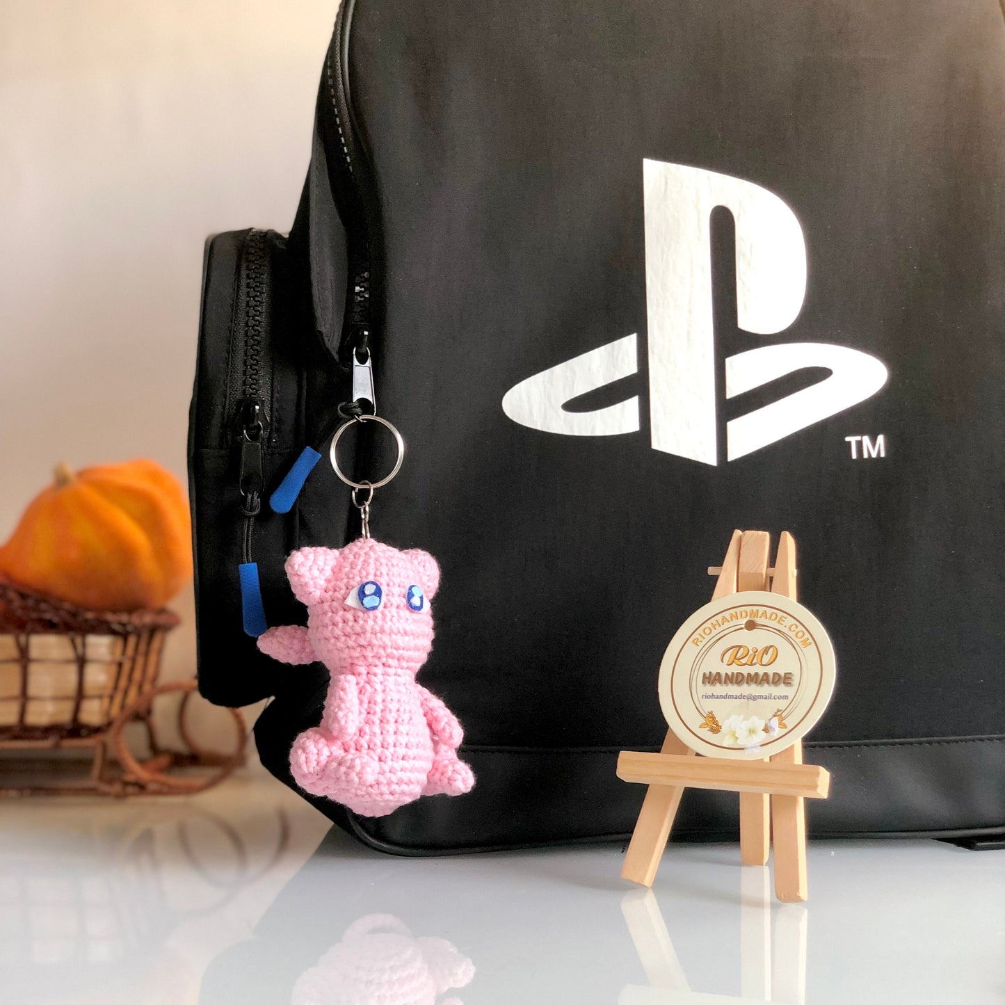 Handmade Mew Crochet Keychain, Crochet inspired Pokemon, Car Charm, Mew Car Accessory, Gift for Kids, Gift for Adult