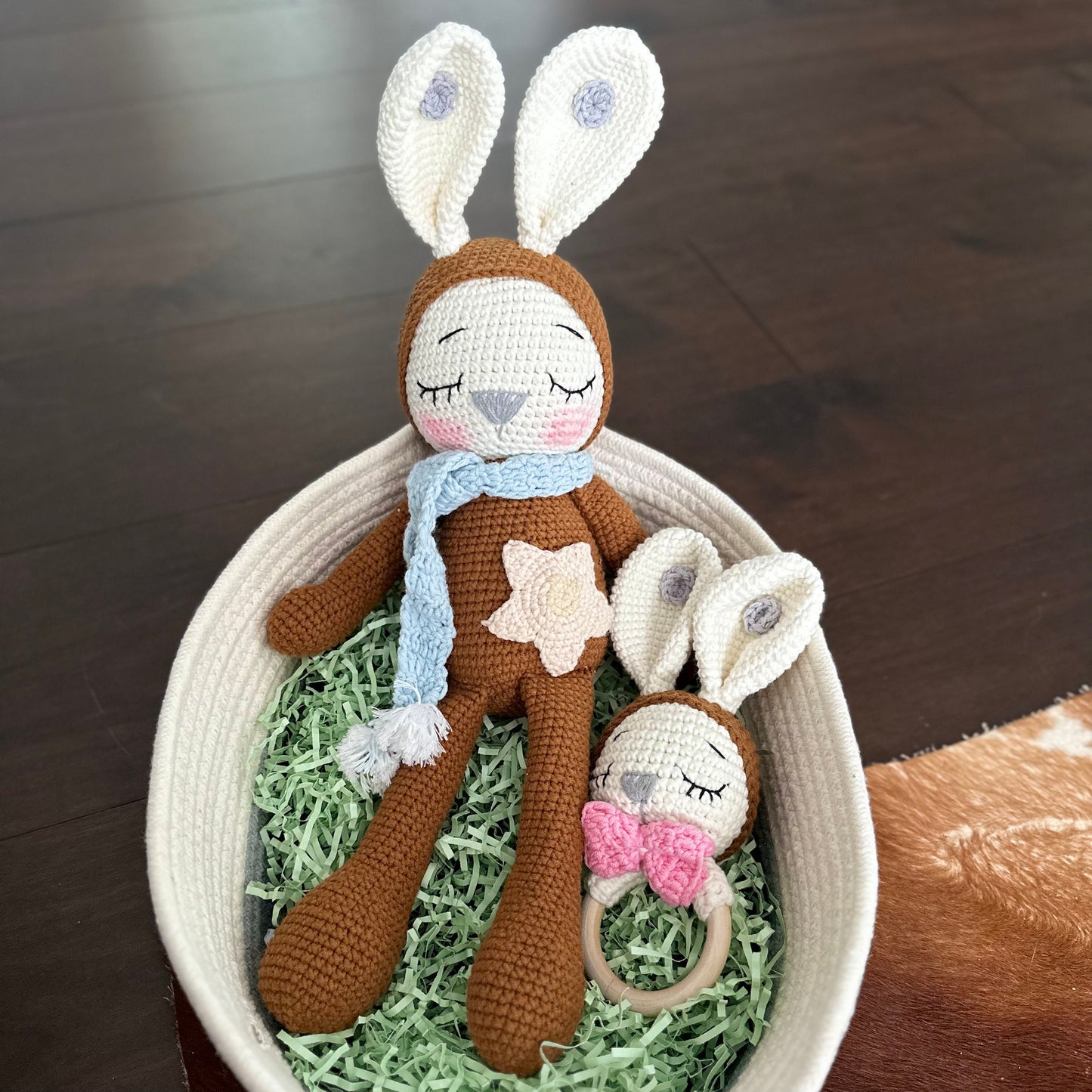 Baby Shower Gift Set For Newborns, Crochet Bunny Doll & Wooden Ring (NO SOUND) Set, Amigurumi Toy, Sleeping Rabbit, Matching Gifts