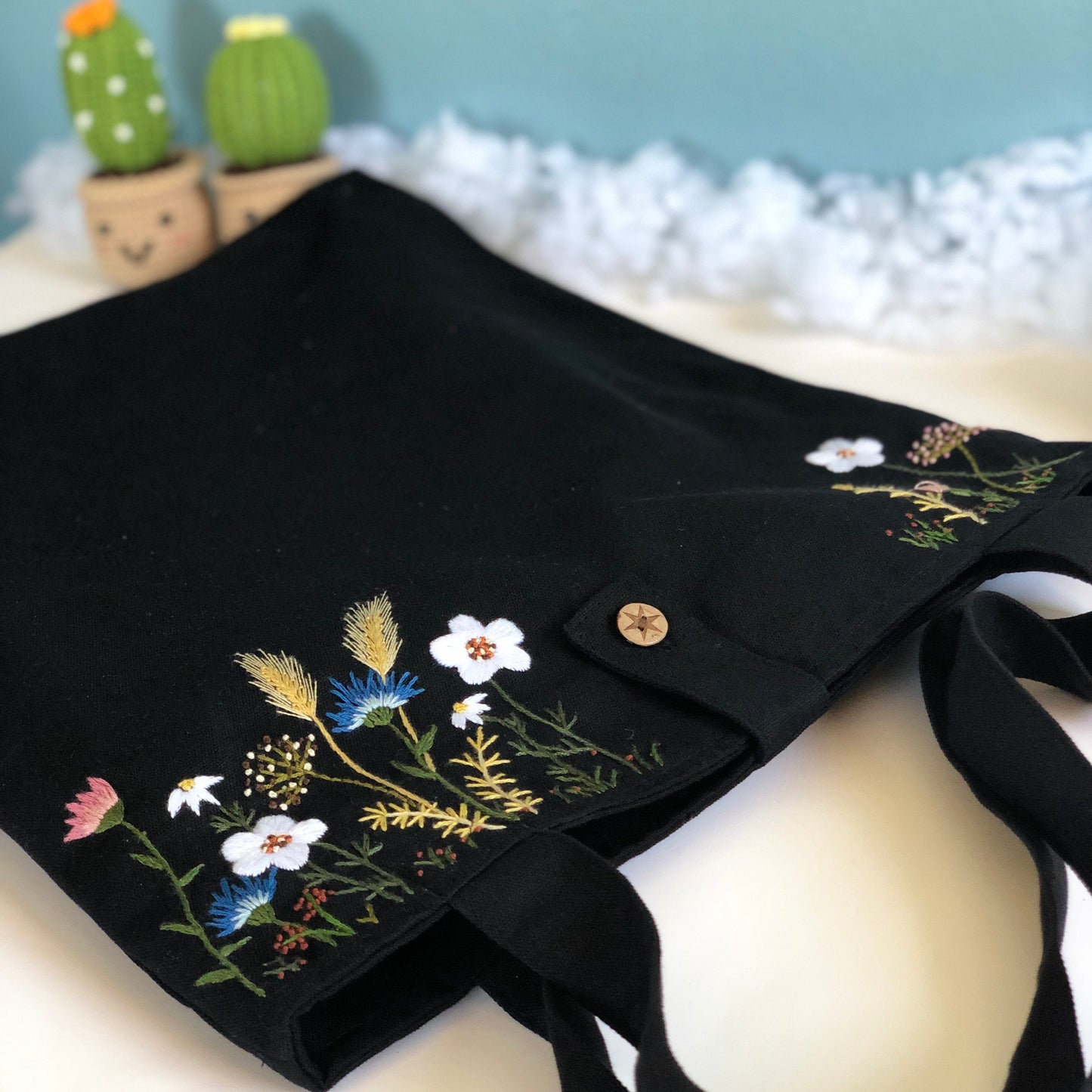 Handmade Embroidery Floral Linen Tote Bag Flowers