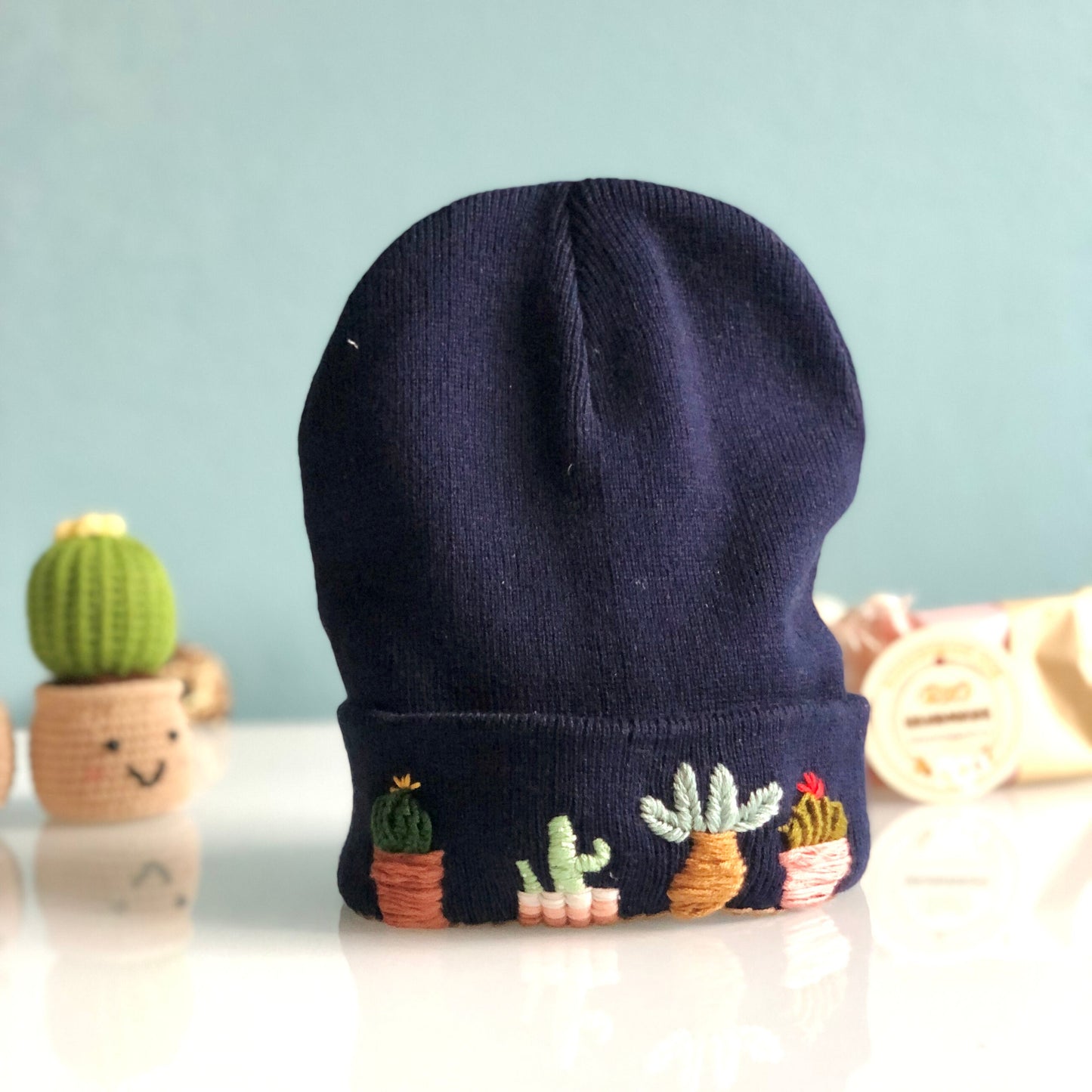 Hand embroidered Beanie, Winter Hat, Plant Hat, Handmade Hat, Cactus Embroidery