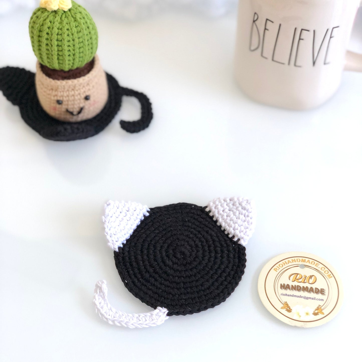 Handmade Cat Coaster Crochet, Amigurumi Coaster, Cat Coaster, Mug Rug, Kitten Mug Rug, Housewarming Gift, Home Decor