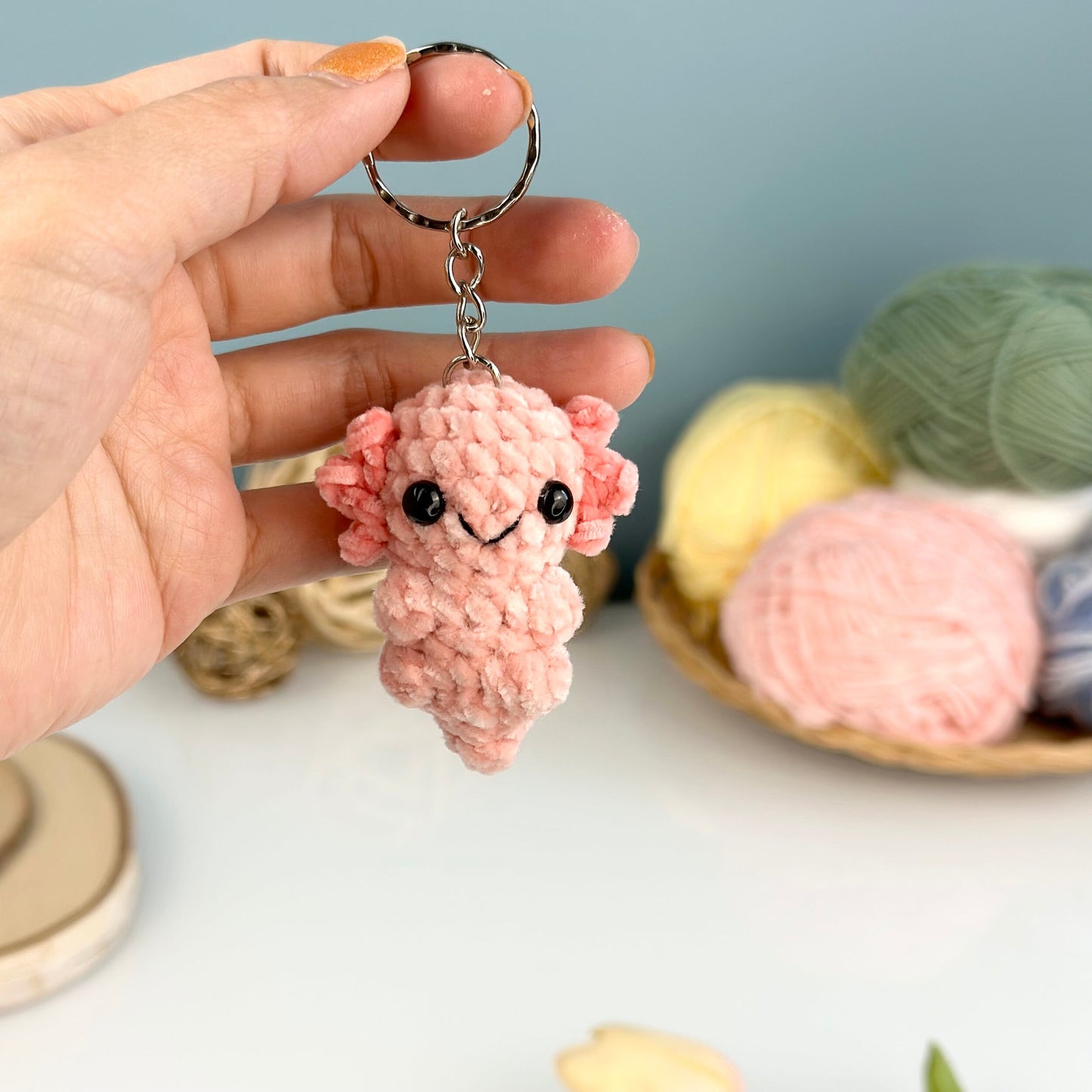 Handmade Velvet Axolotl, crochet Axolotl, amigurumi Axolotl keychain, plushie toy, cute gift, ornament, car rear view hanging