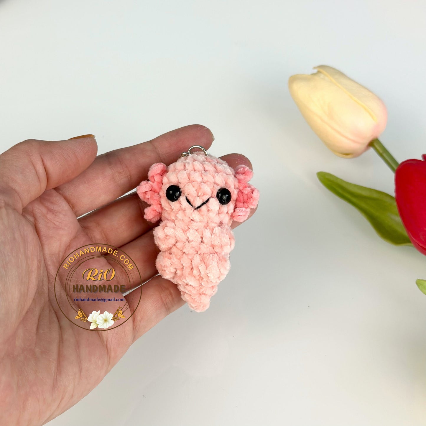 Handmade Velvet Axolotl, crochet Axolotl, amigurumi Axolotl keychain, plushie toy, cute gift, ornament, car rear view hanging