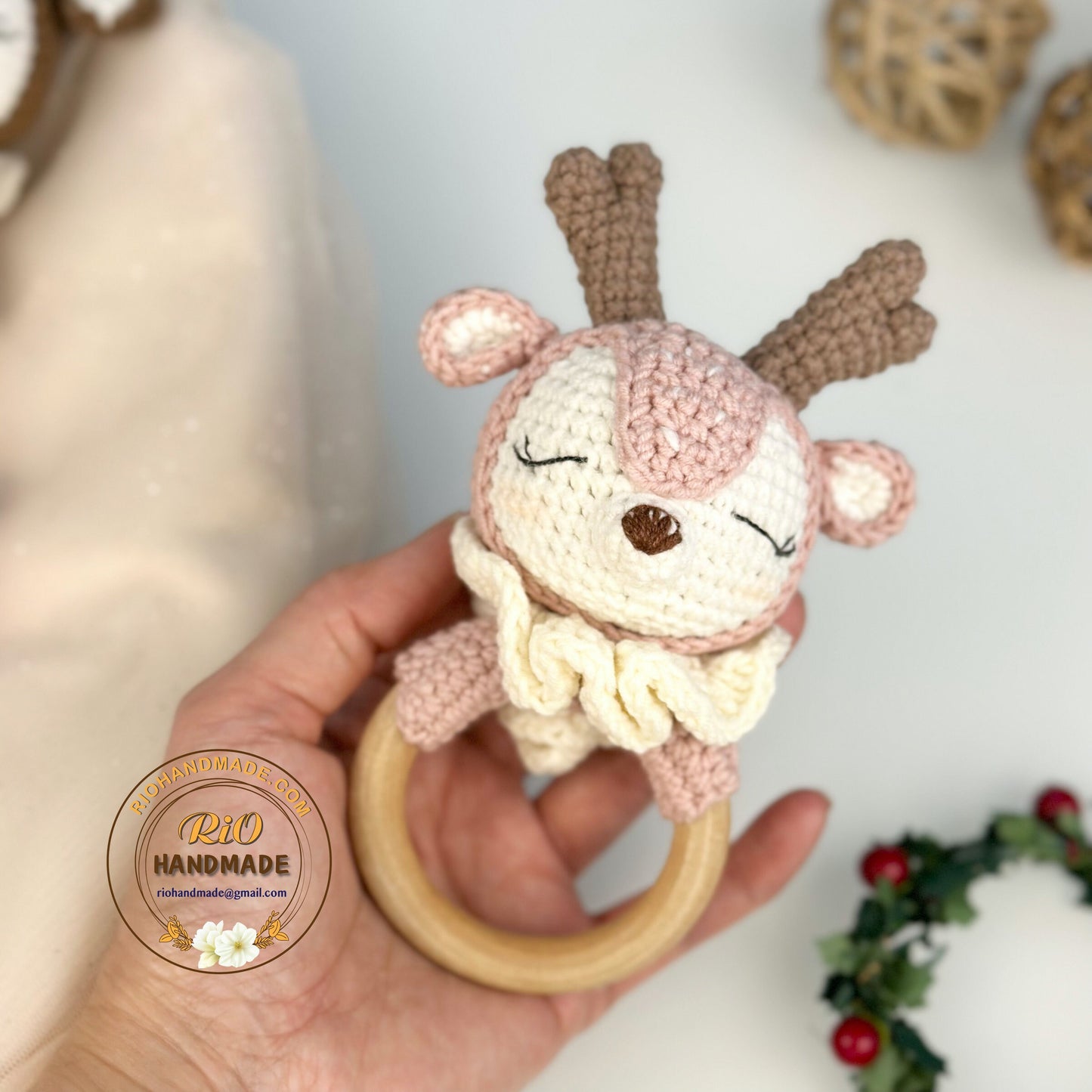 Personalized Baby Gift, Crochet Deer Rattle, Baby Crochet Rattle Gift, Baby Shower Gift, Toy Rattle With Name, Christmas Gift