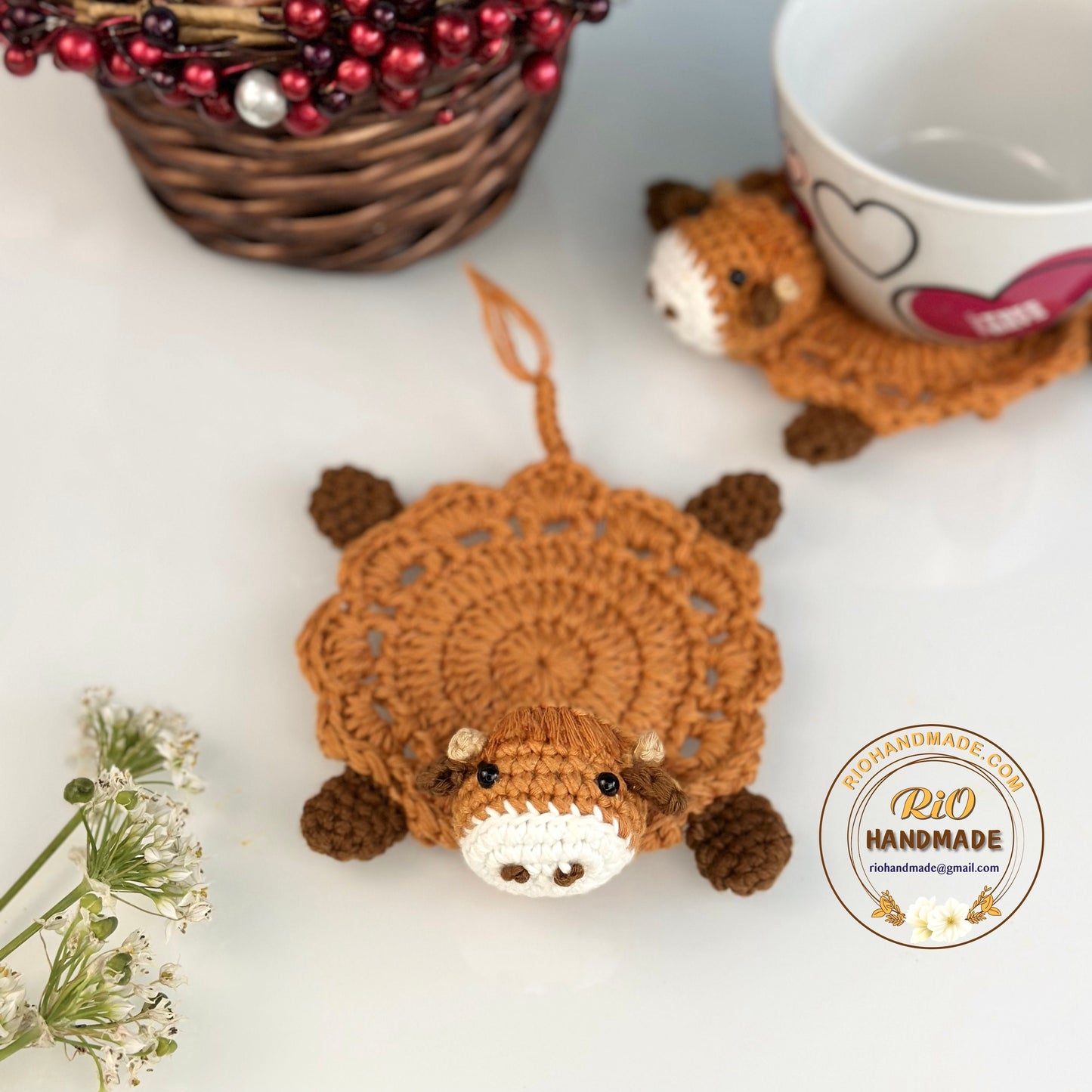 Ready To Ship, Rio Handmade Crochet Coaster, Crochet Highland Cow Coaster, Mug Rug, Housewarming Gift, Home Decor