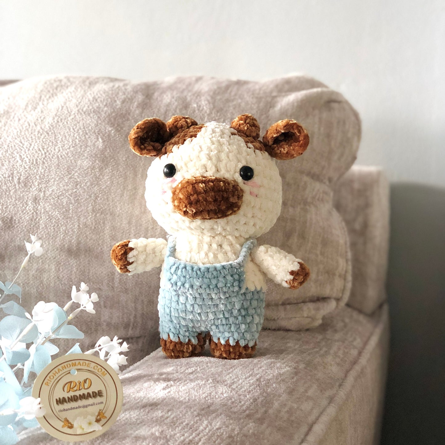 Ready To Ship, Rio Handmade Velvet Cow, Cute Cow Plushie Crochet, Amigurumi Chubby Cow cute, Soft Toy For Baby, Toddler, Kid, Adult Hobby