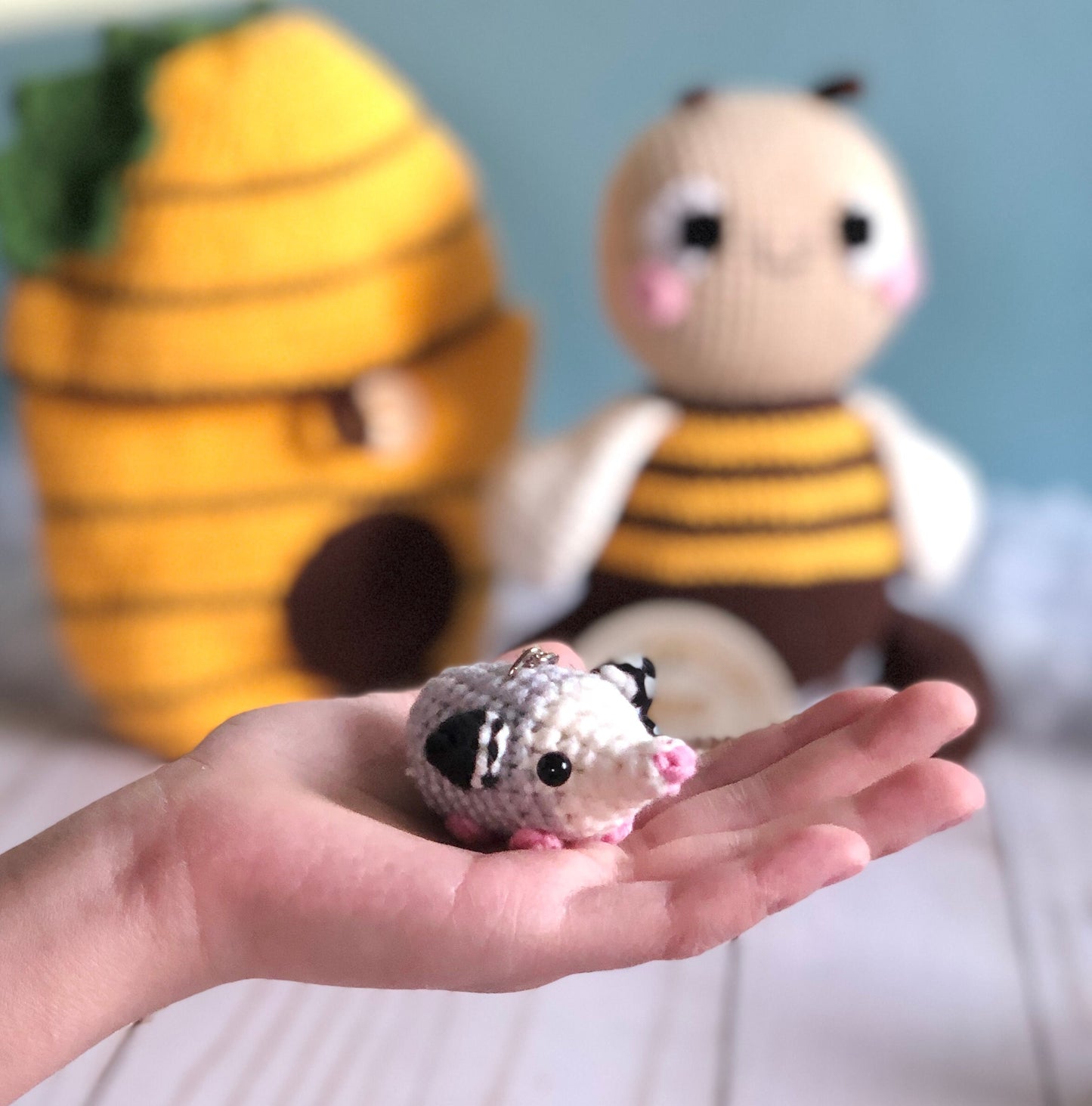 Handmade possum car rearview mirror charm crochet amigurumi, opossum keychain, plushie toy, gift, car hanging accessory