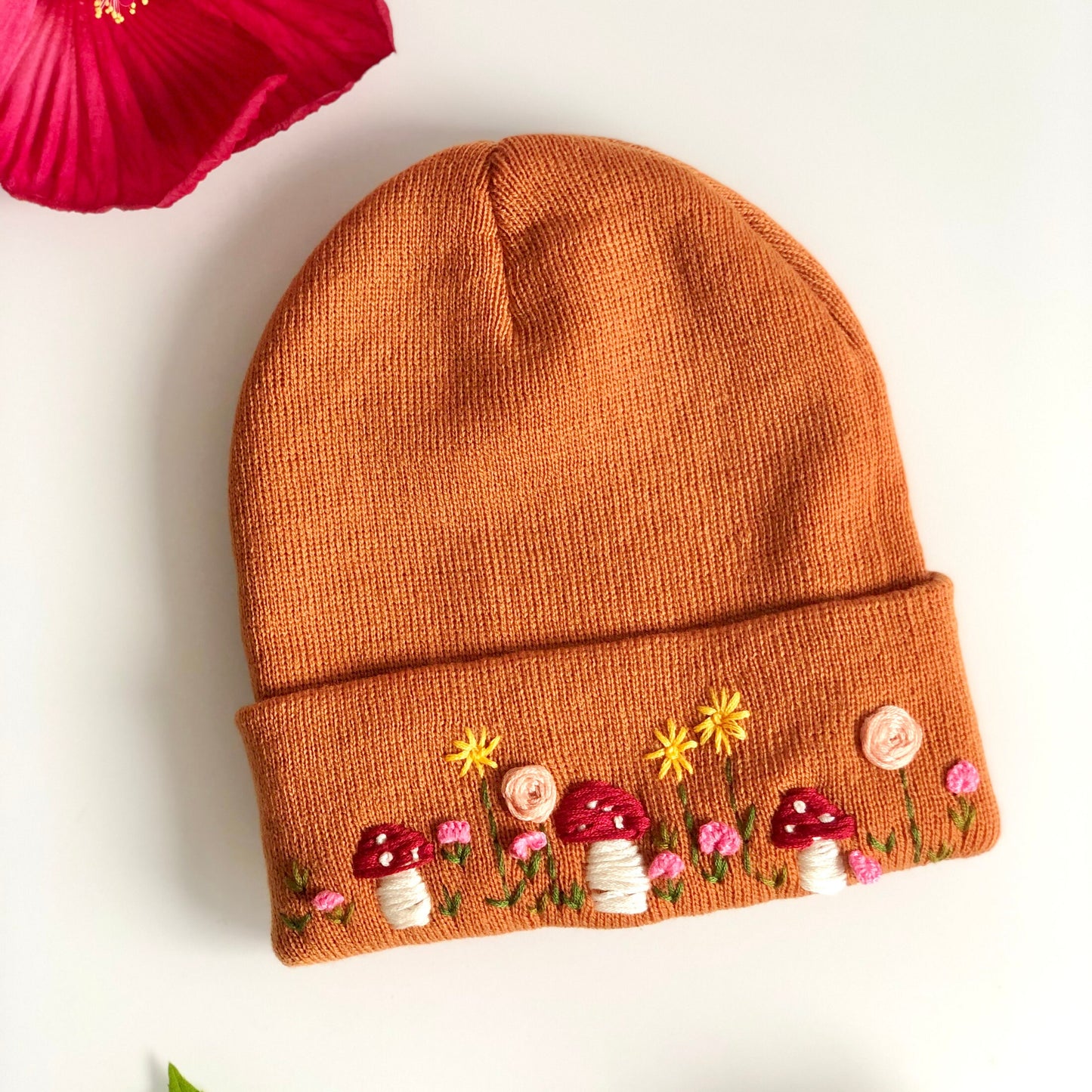Hand embroidered Beanie, Winter Hat, Plant Hat, Handmade Hat, Mushroom Embroidery