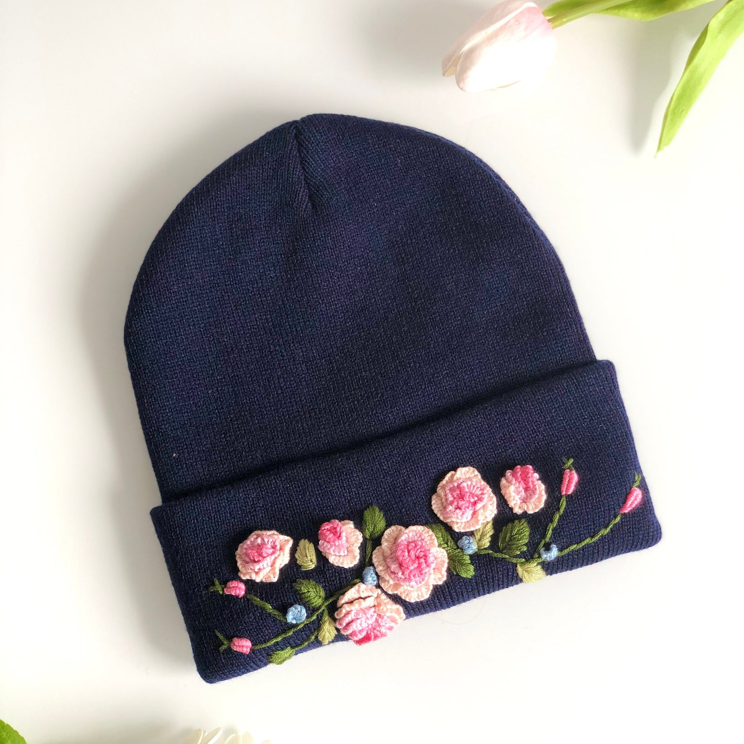 Hand embroidered Beanie, Winter Hat, Rose flower Hat, Handmade Hat, Rose flower Embroidery