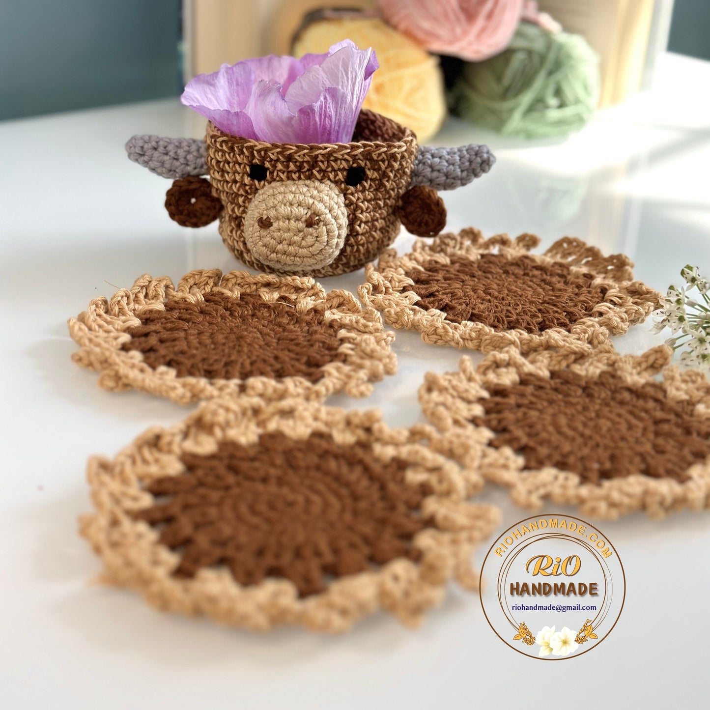 Ready To Ship, Rio Handmade Crochet Highland Cow Coaster, Set of 4 Coaster and Head, Mug Rug, Housewarming Gift, Home Decor, Birthday Gift