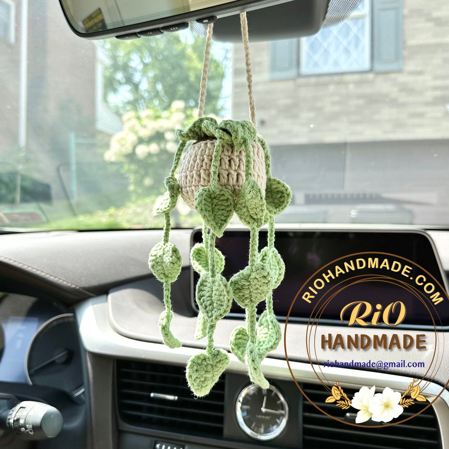 Handmade car rearview mirror charm, crochet hanging plant, Birthday gift, car hanging accessory, Car hanging plant