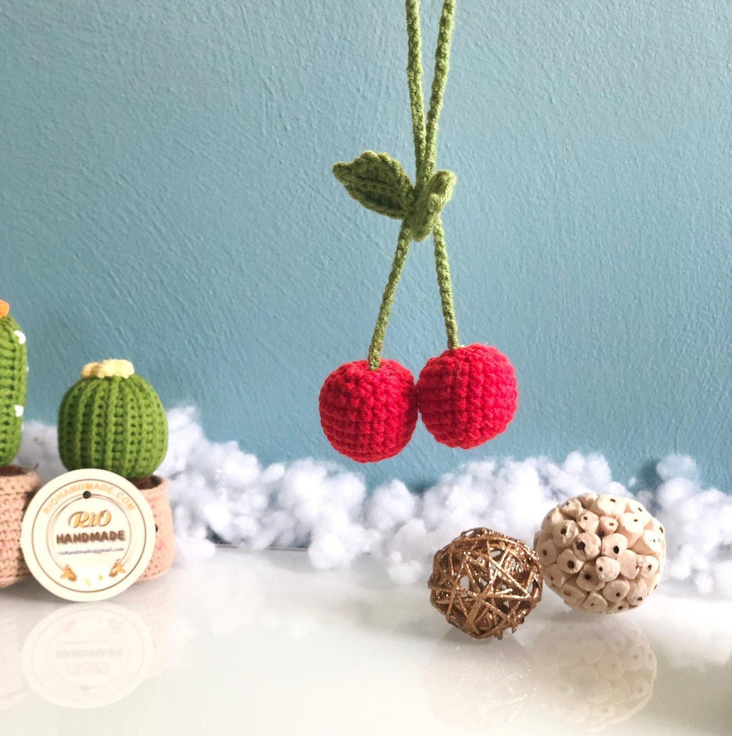 Handmade car rearview mirror charm, crochet cherries, amigurumi cherry, plushie toy, gift, car hanging accessory