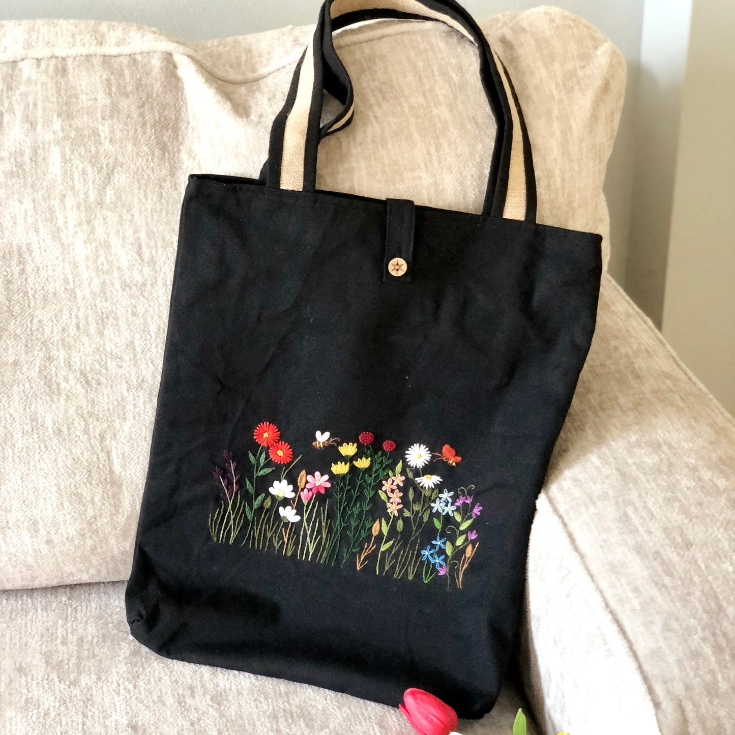Ready To Ship, Handmade Embroidery Floral Tote Bag Wild Flowers