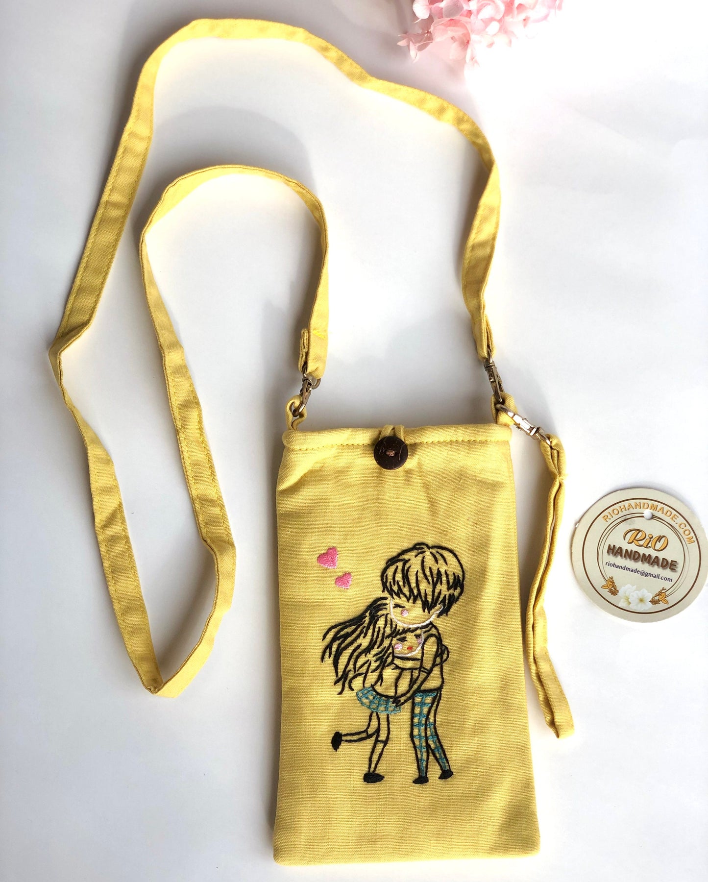Hand Embroidered Linen Crossbody Phone Pouch, Linen Iphone Pouch, Cell phone crossbody purse