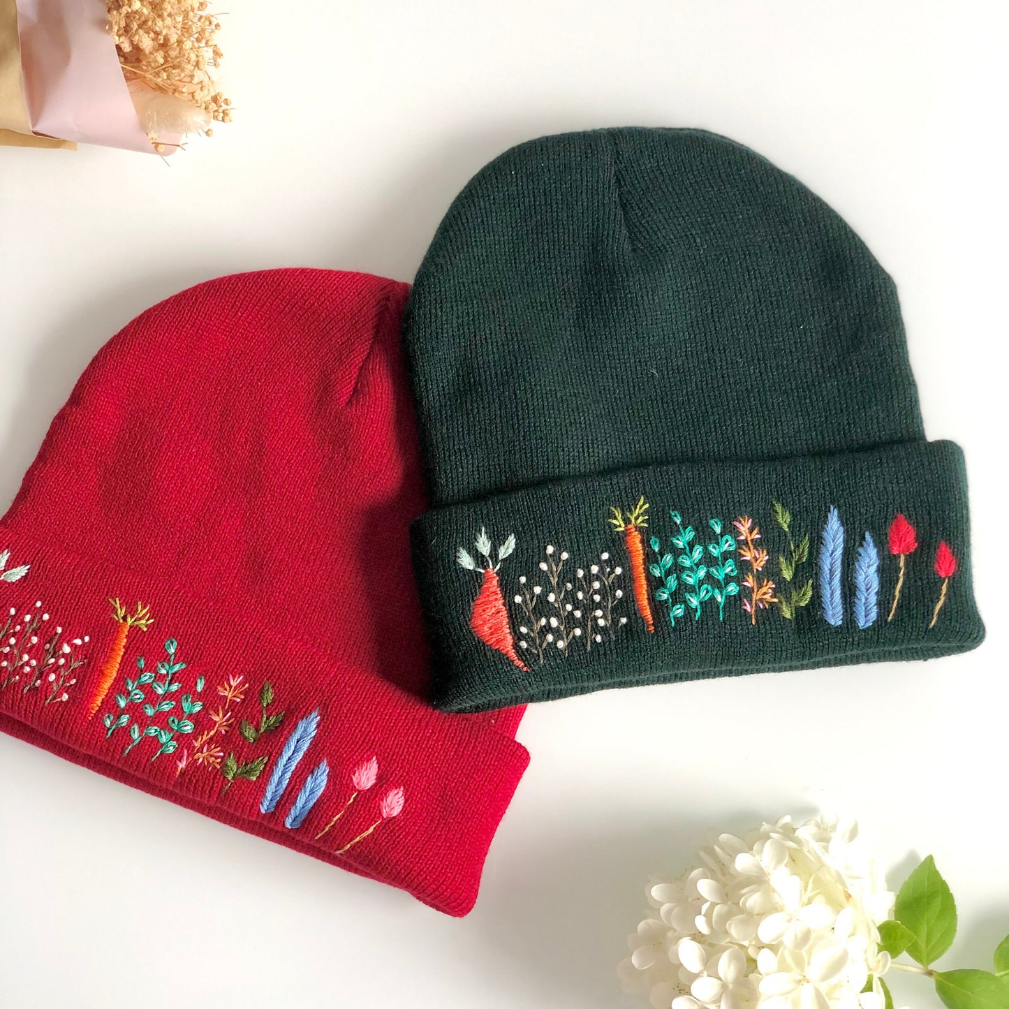 Hand embroidered Beanie, Winter Hat, Plant Hat, Handmade Hat