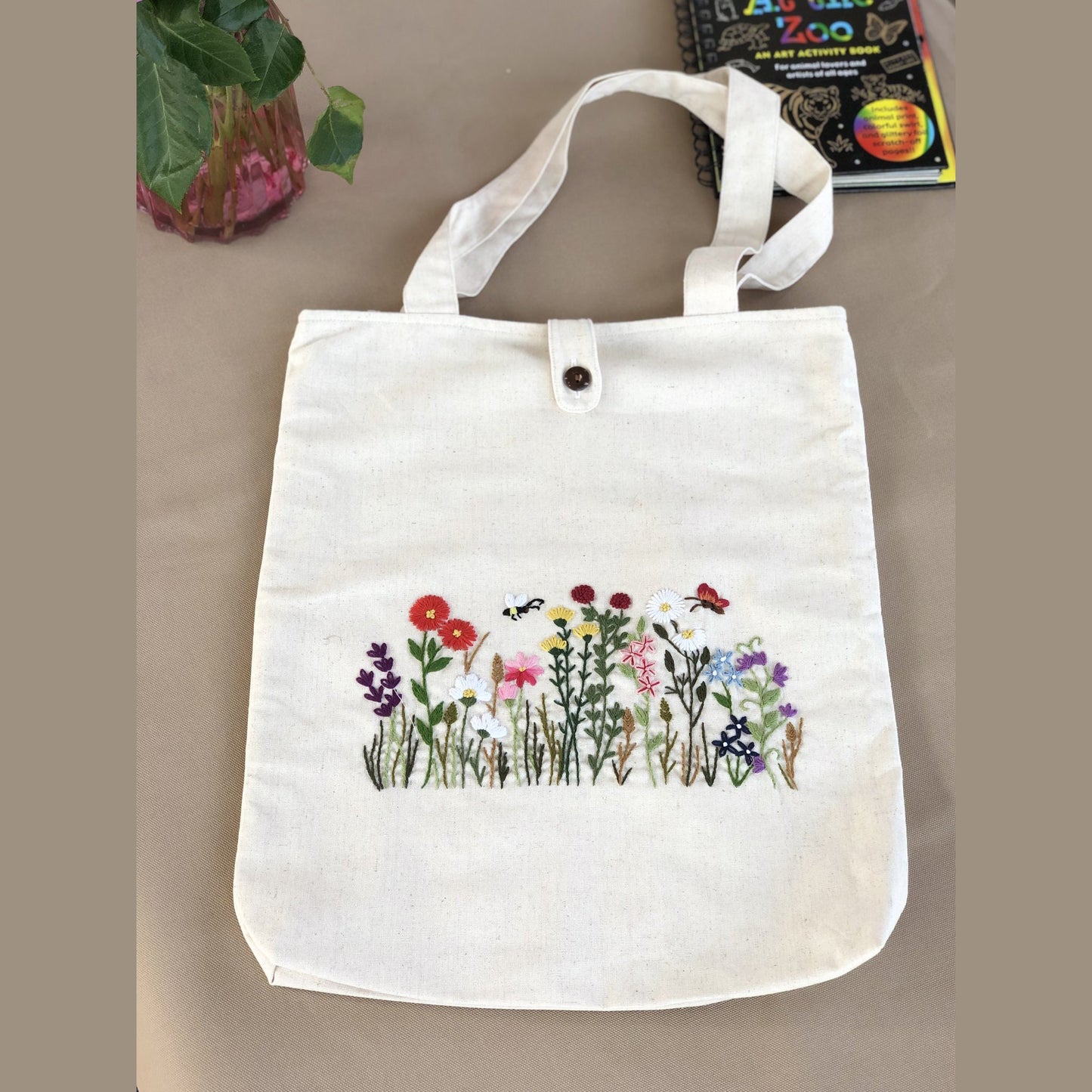 Ready To Ship, Handmade Embroidery Floral Tote Bag Wild Flowers