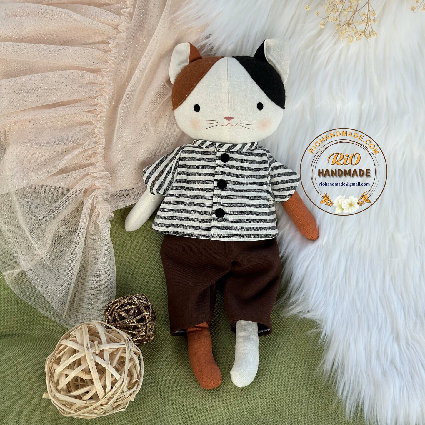 Rio Handmade Linen Cat Doll, Nursery Decor Stuffed, Linen Baby Toy, Stuffed Cat Toy For Toddler, Kid, Adult Hobby