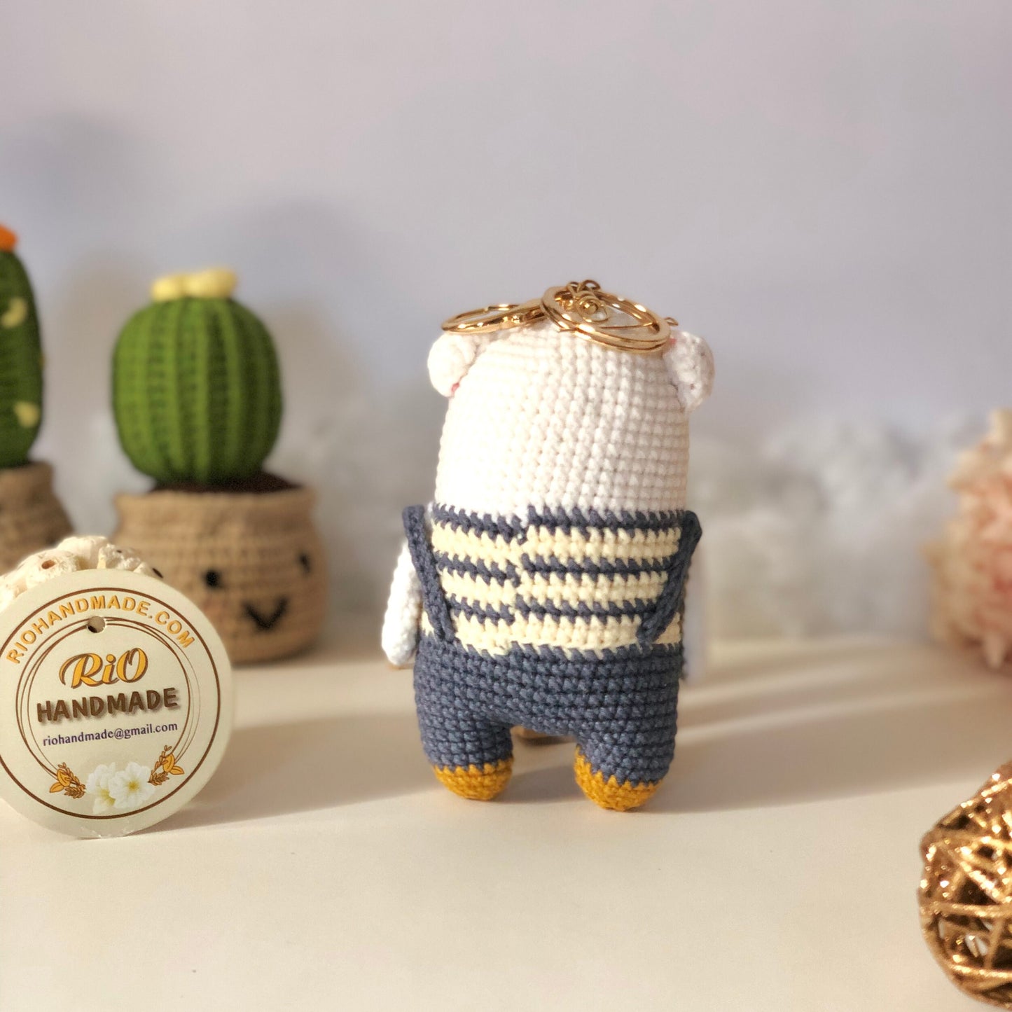 Handmade bear crochet keychain, pom bag charm, car rear view hanging mirrior, amigurumi, cute gift.