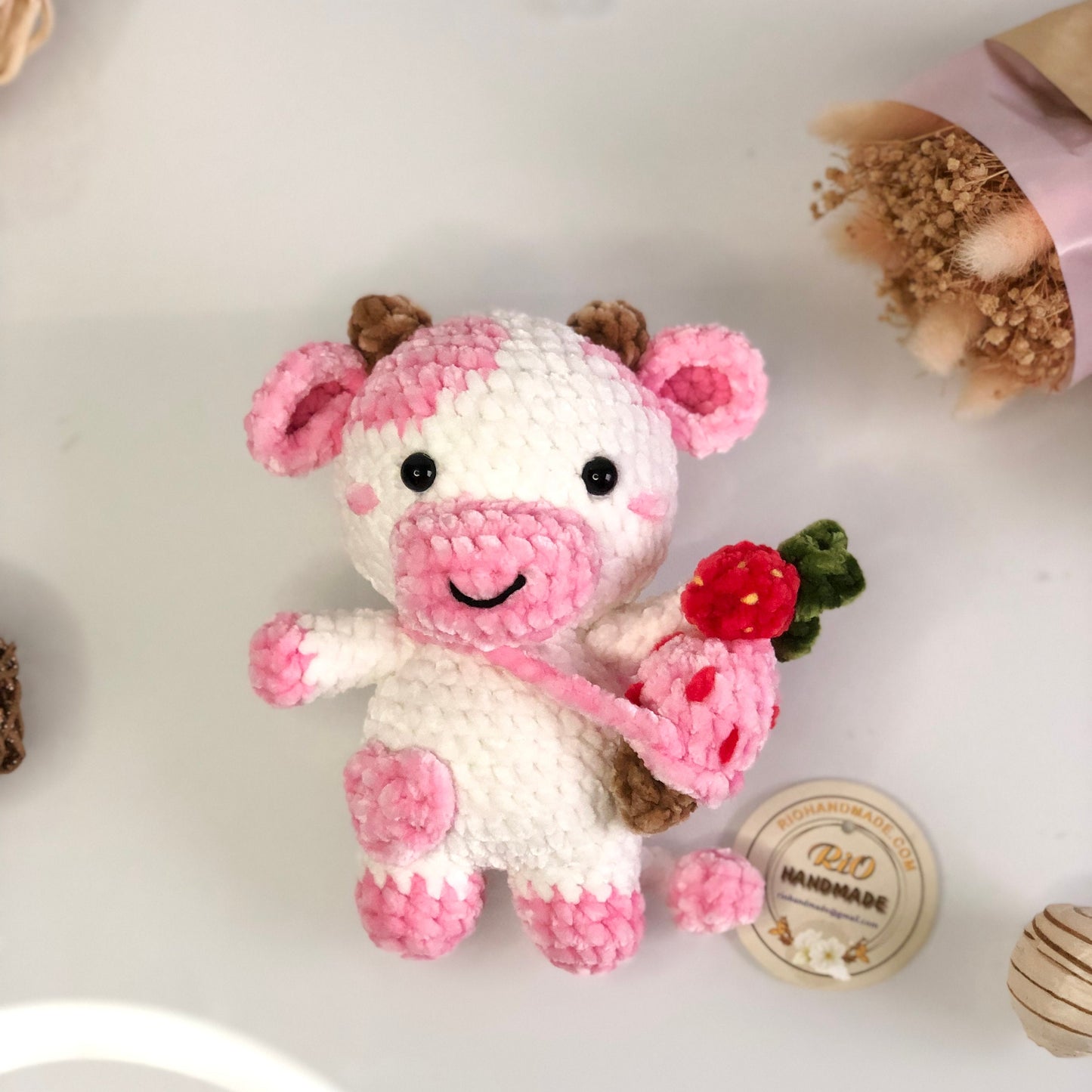 Ready To Ship, Handmade Velvet Cow, Cute Strawberry Cow Plushie Crochet, Amigurumi Cow cute, Soft Toy For Baby, Toddler, Kid, Adult Hobby