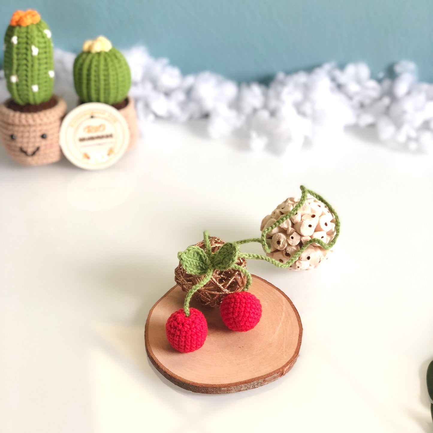 Handmade car rearview mirror charm, crochet cherries, amigurumi cherry, plushie toy, gift, car hanging accessory
