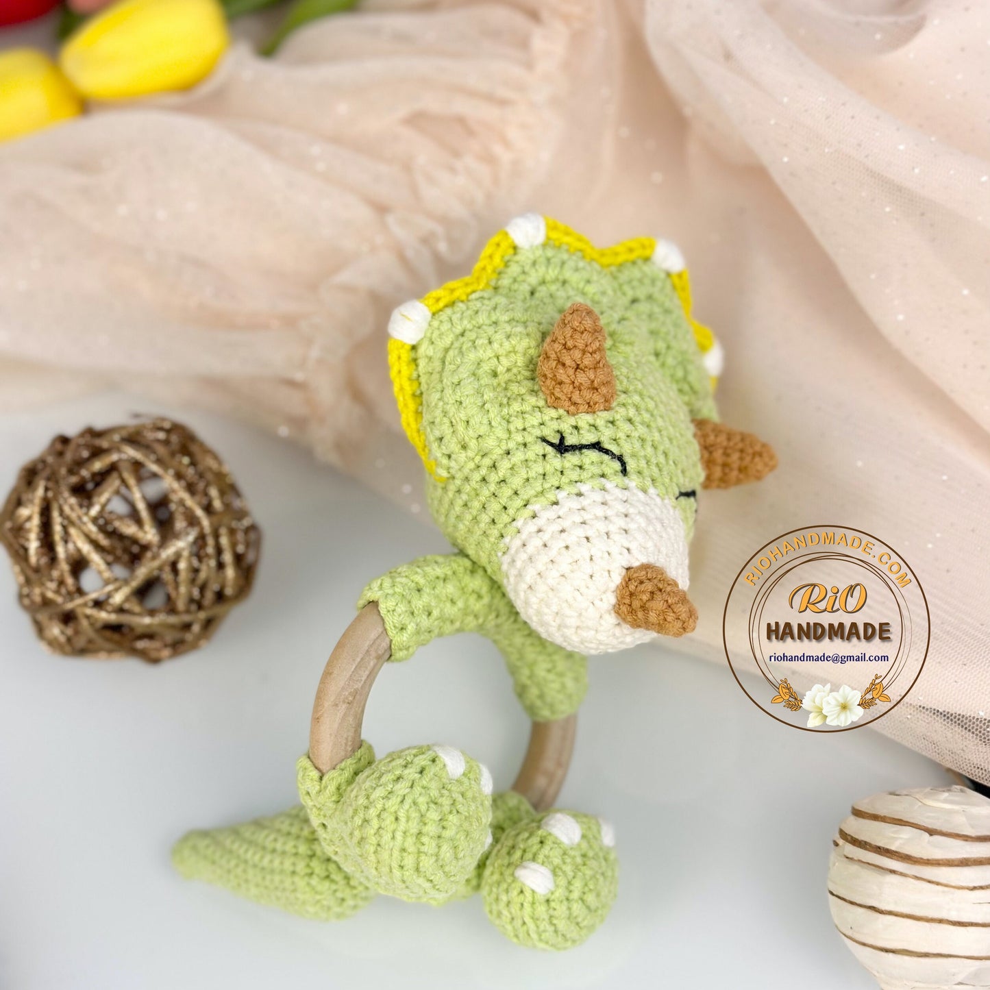 Crochet Triceratops rattle, Baby Crochet Rattle Gift, Baby Shower Gift