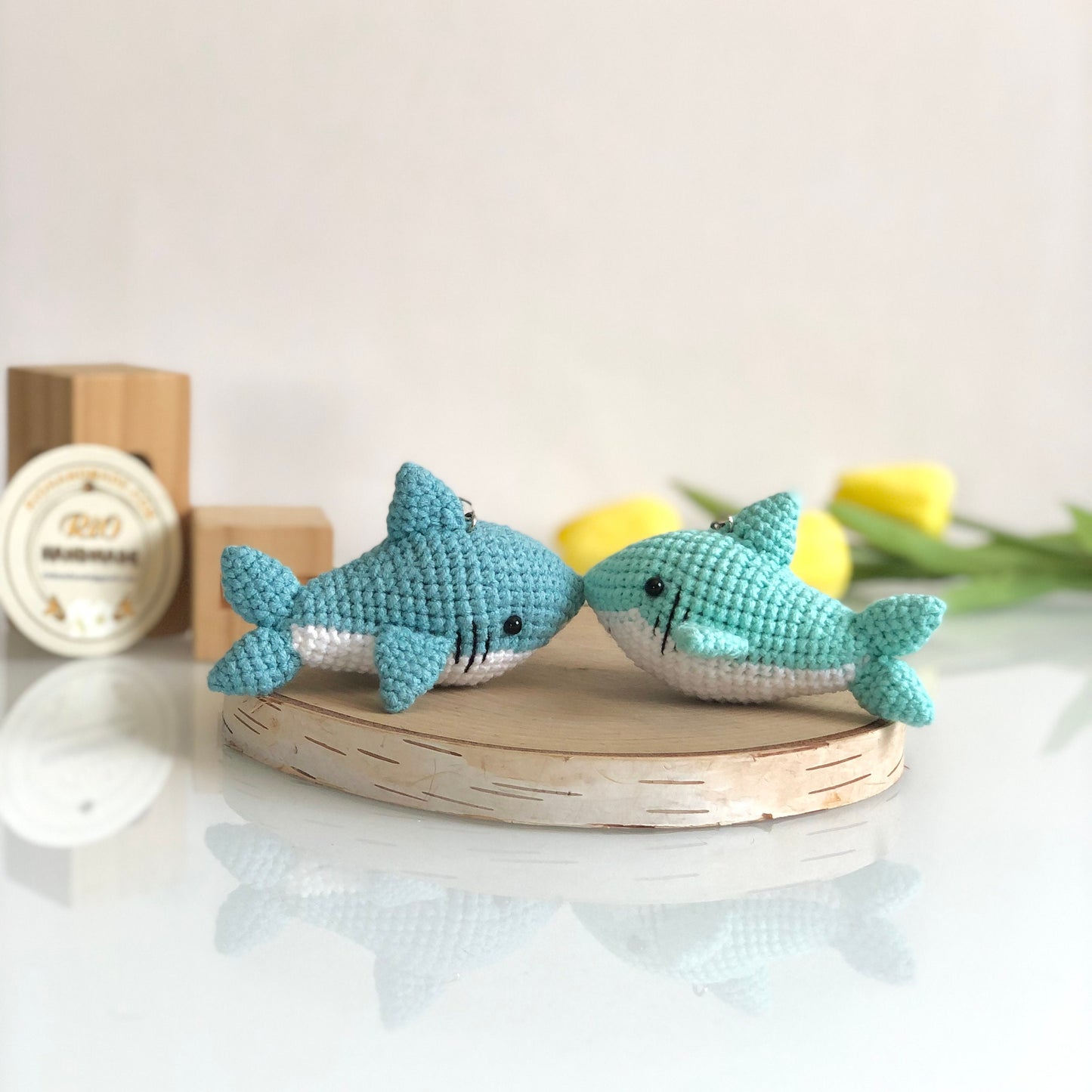 Handmade Shark crochet keychain, pom bag charm, car rear view hanging mirrior, amigurumi, cute gift.