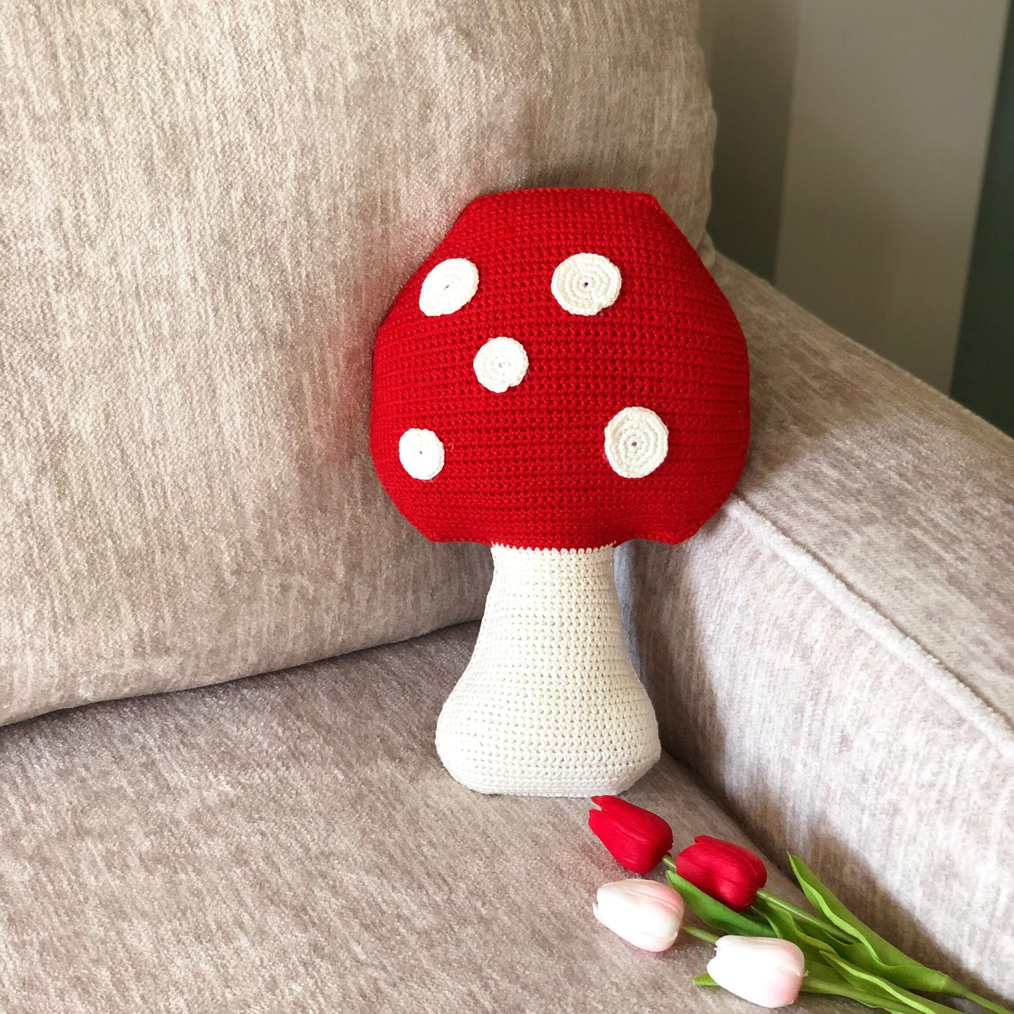 Handmade cotton yarn mushroom pillow crochet, home decor, amigurumi, decorative mushroom throw pillow