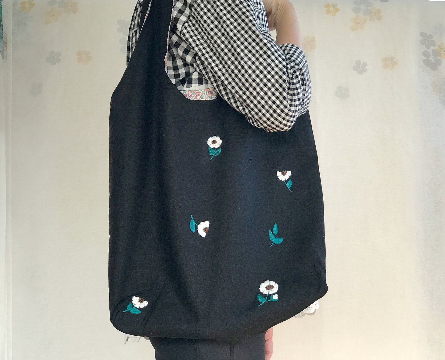 Handmade Linen Embroidery Flower Tote Bag