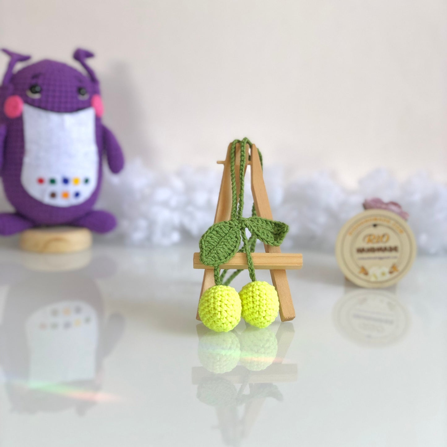 Handmade car rearview mirror charm, crochet cherries, amigurumi cherry, plushie toy, gift, car hanging accessory