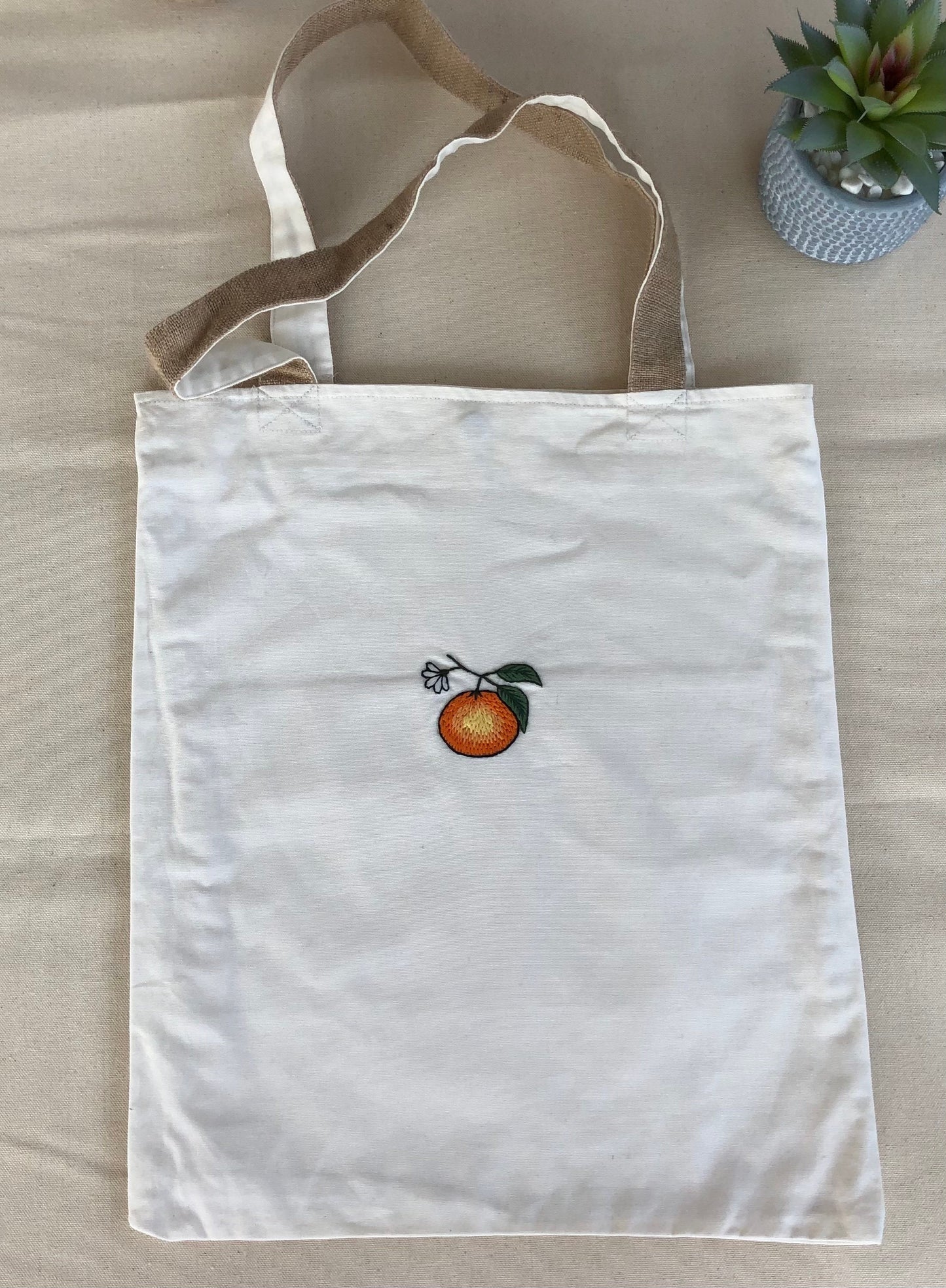 Handmade Linen Embroidery Orange Tote Bag