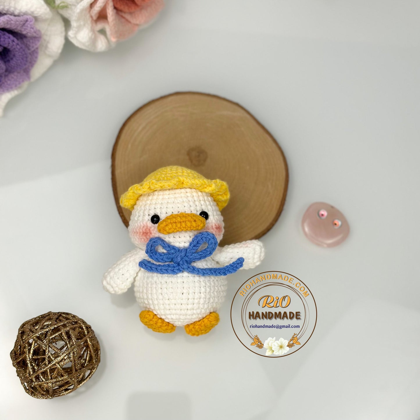Handmade Duck Crochet, Amigurumi Farmer Duck, Toy For Kid, Cute Gift, Car Hanging Accessory
