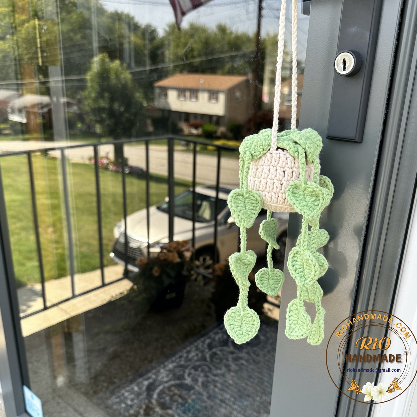 Handmade car rearview mirror charm, crochet hanging plant, Birthday gift, car hanging accessory, Car hanging plant