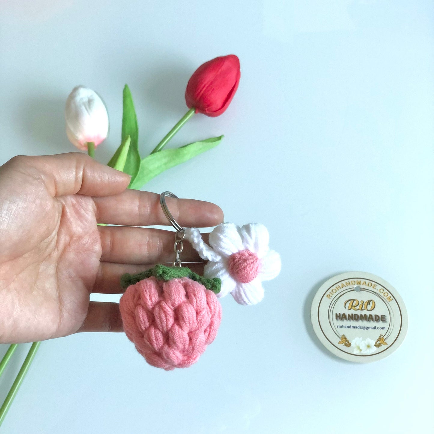 Handmade Strawberry, Crochet Strawberry and Flower Keychain, Amigurumi Strawberry and flower, Cute Gift