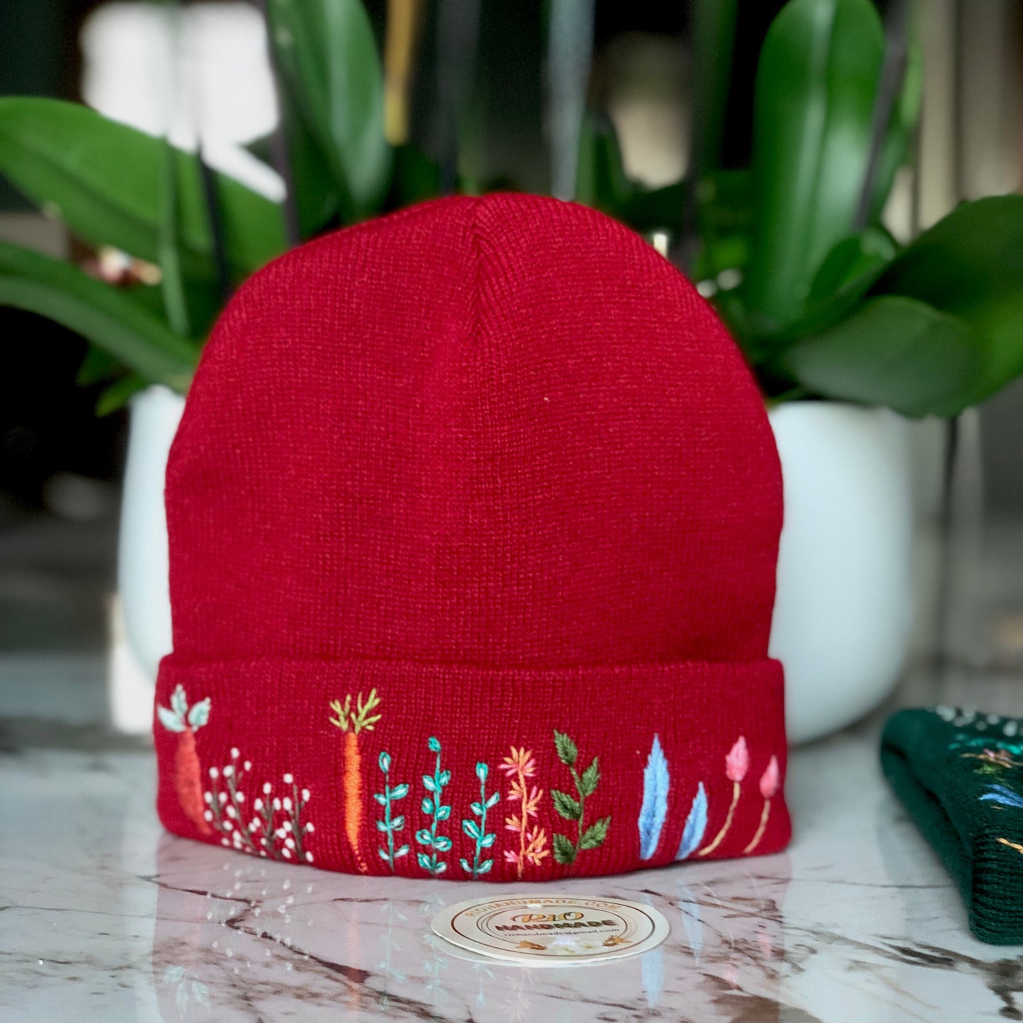 Hand embroidered Beanie, Winter Hat, Plant Hat, Handmade Hat