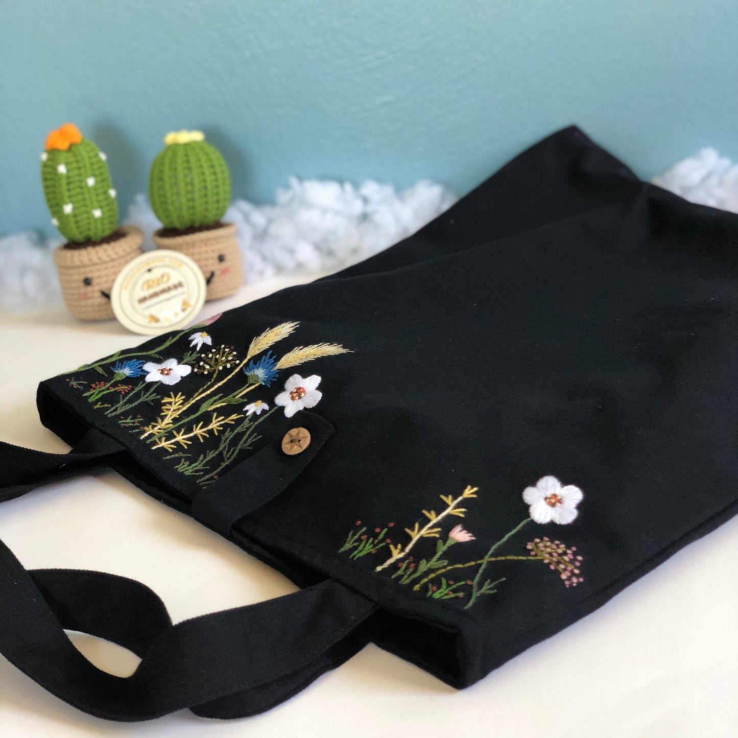 Handmade Embroidery Floral Linen Tote Bag Flowers